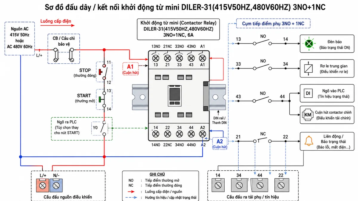 Sơ đồ đấu dây / kết nối của khởi động từ mini Eaton Moeller 051771 DILER-31(415V50HZ,480V60HZ) 3NO+1NC; thể hiện nguồn điều khiển AC 415V 50Hz hoặc AC 480V 60Hz đi qua CB hoặc cầu chì bảo vệ, nút STOP thường đóng, nút START thường mở hoặc ngõ ra PLC, đấu vào cuộn hút A1-A2; hiển thị rõ các cực A1, A2, tiếp điểm NO 13-14, 33-34, 43-44 cấp tín hiệu cho đèn báo, rơ le trung gian, ngõ vào PLC và cuộn hút contactor chính; hiển thị tiếp điểm NC 21-22 dùng cho liên động hoặc báo trạng thái; có thanh DIN, cầu đấu, tải phụ và mũi tên luồng cấp điện trong tủ điện công nghiệp