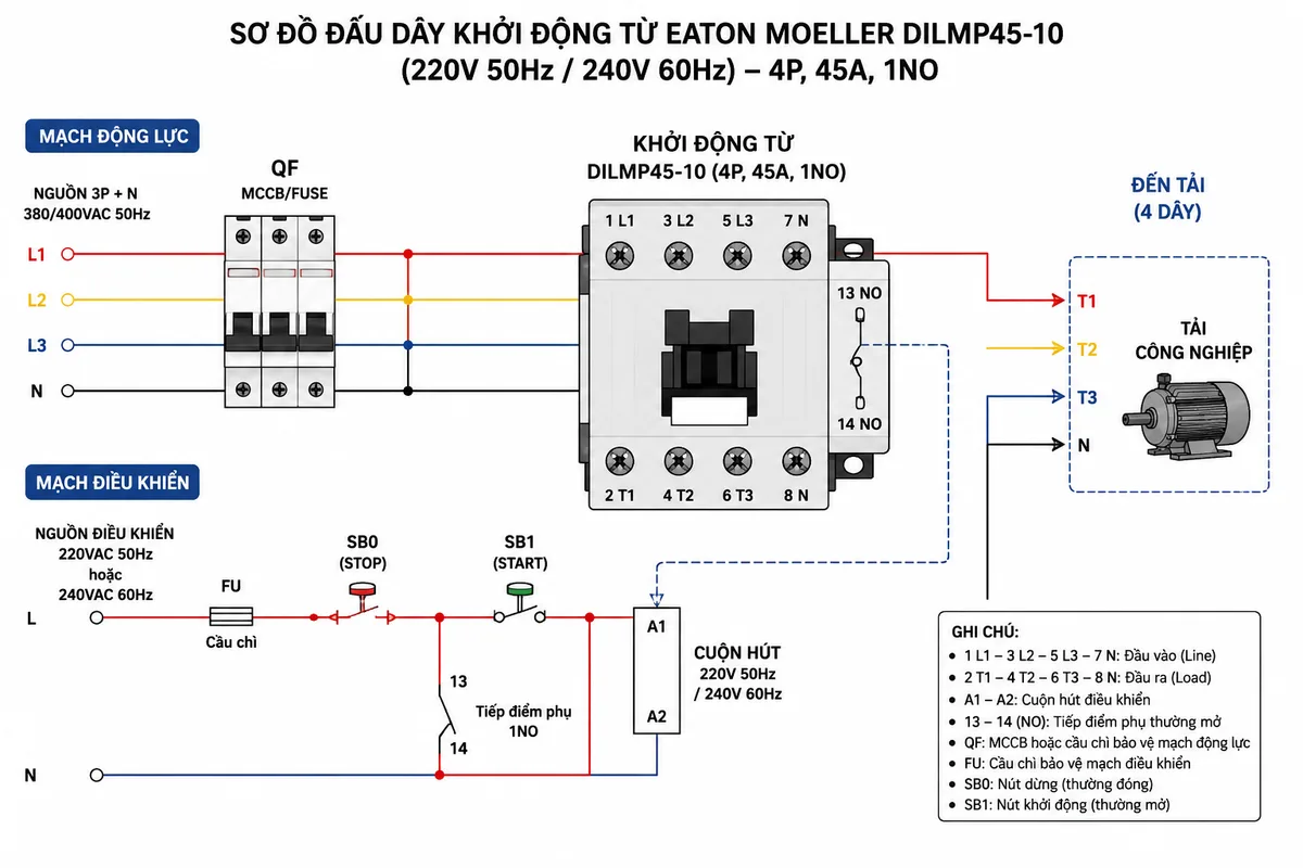 Sơ đồ đấu dây của khởi động từ Eaton Moeller DILMP45-10(220V50HZ, 240V60HZ) 4P 45A 1NO, thể hiện nguồn điều khiển AC 220V 50Hz hoặc 240V 60Hz đấu vào cuộn hút A1-A2, bốn cực tiếp điểm chính nối nguồn ba pha và dây trung tính đến tải, tiếp điểm phụ 1NO trong mạch điều khiển, cầu chì hoặc MCCB bảo vệ nguồn, tải công nghiệp và ký hiệu các đầu cực đấu nối rõ ràng bằng tiếng Việt