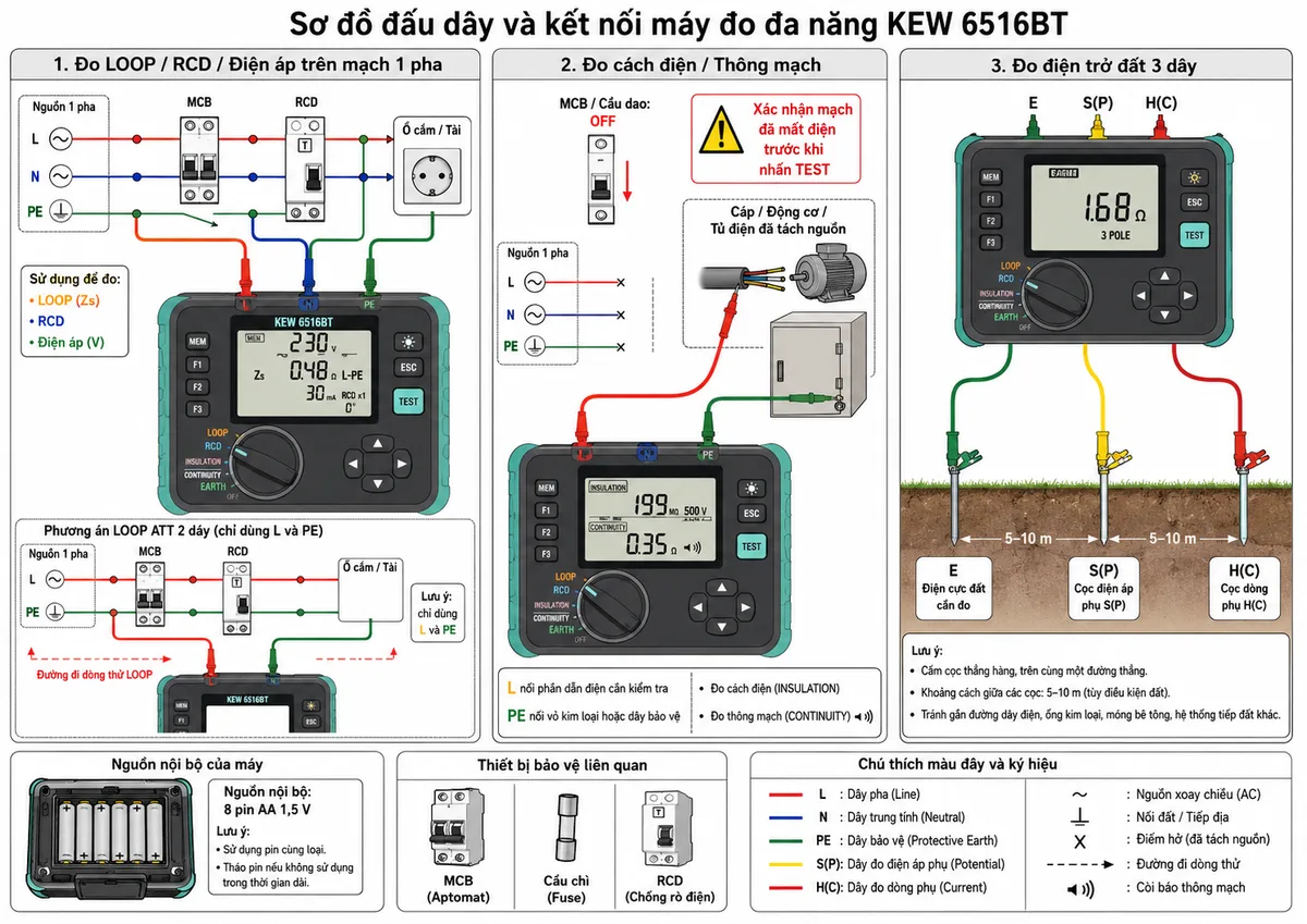 Sơ đồ nguyên lý hoạt động Máy đo đa năng KYORITSU KEW 6516BT trên nền trắng, bố cục ngang, nhãn tiếng Việt. Thể hiện nguồn 8 pin AA 1,5 V đi qua khối quản lý nguồn, bảo vệ cầu chì và tự động tắt; tiếp theo là công tắc xoay chọn chức năng, khối kiểm tra đấu dây và Touch Pad cảnh báo điện thế nguy hiểm tại PE. Từ bộ chọn chức năng tách thành các nhánh: khối nguồn dòng 200 mA hoặc 15 mA đo thông mạch và AUTO NULL; khối tạo điện áp DC 100 V, 250 V, 500 V, 1.000 V đo cách điện, dòng rò, DAR, PI và tự động phóng điện; khối tạo tải thử đo chênh lệch điện áp để tính LOOP, PSC, PFC, có Anti-Trip ATT hai dây hoặc ba dây; khối phát dòng rò kiểm tra RCD với x1/2, x1, x5, Ramp, Auto, Uc và RCD AC, A, F, B, EV; khối phát dòng AC giữa E và H(C), đo điện áp giữa E và S(P), tính điện trở đất R bằng V chia I; khối đo điện áp TRMS và khối xác định thứ tự pha L1-L2-L3; khối tăng điện áp kiểm tra điểm đánh thủng SPD varistor. Các tín hiệu đi qua bộ bảo vệ đầu vào, bộ chuyển đổi tương tự số và vi xử lý để tính toán, so sánh giới hạn PASS hoặc FAIL, lưu vào bộ nhớ, hiển thị trên LCD màu 3,5 inch, sau đó truyền dữ liệu qua Bluetooth 5.0 tới ứng dụng KEW Smart Advanced hoặc qua bộ chuyển đổi USB tùy chọn tới máy tính.