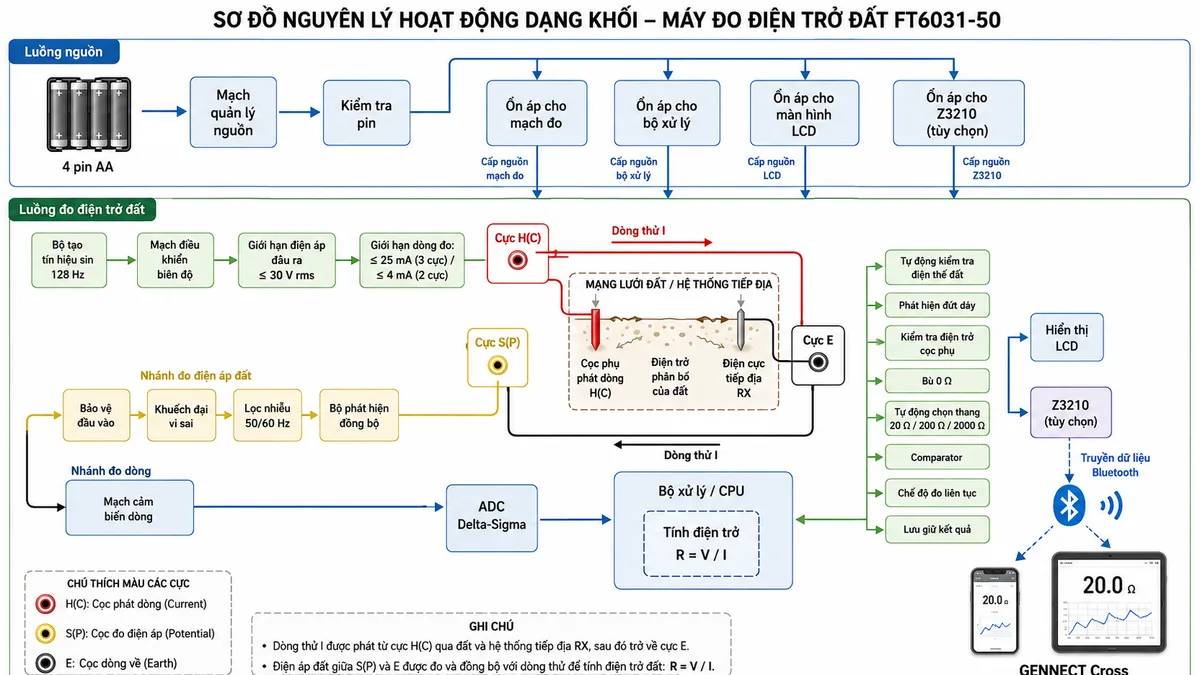 Vẽ sơ đồ nguyên lý hoạt động dạng khối của Máy đo điện trở đất HIOKI FT6031-50, nền trắng, bố cục ngang, nhãn tiếng Việt, phong cách kỹ thuật điện công nghiệp. Luồng nguồn bắt đầu từ 4 pin AA qua mạch quản lý nguồn, kiểm tra pin và các khối ổn áp cấp cho mạch đo, bộ xử lý, màn hình LCD và bộ chuyển đổi không dây Z3210 tùy chọn. Luồng đo bắt đầu từ bộ tạo tín hiệu sin 128 Hz, mạch điều khiển biên độ, giới hạn điện áp đầu ra không quá 30 V rms và giới hạn dòng không quá 25 mA ở chế độ 3 cực hoặc 4 mA ở chế độ 2 cực. Dòng thử đi từ cực H(C) qua cọc phụ phát dòng, điện trở phân bố của đất và điện cực tiếp địa RX rồi quay về cực E. Cực S(P) đưa điện áp đất tới khối bảo vệ đầu vào, khuếch đại vi sai, lọc loại nhiễu 50/60 Hz và bộ phát hiện đồng bộ; nhánh đo dòng đi qua mạch cảm biến dòng. Hai tín hiệu điện áp và dòng được đưa vào ADC Delta-Sigma và bộ xử lý tính điện trở R bằng quan hệ điện áp chia dòng điện. Vẽ thêm các khối tự động kiểm tra điện thế đất, phát hiện đứt dây, kiểm tra điện trở cọc phụ, bù 0 Ω, tự động chọn thang 20 Ω/200 Ω/2000 Ω, comparator, chế độ đo liên tục, lưu giữ kết quả và hiển thị LCD; nhánh Z3210 truyền dữ liệu Bluetooth tới điện thoại hoặc máy tính bảng chạy GENNECT Cross.