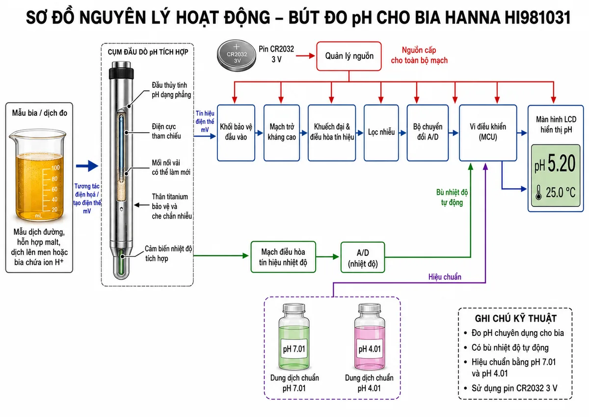 Sơ đồ nguyên lý hoạt động dạng khối của Bút Đo pH Cho Bia Hanna HI981031, nền trắng, bố cục ngang, phong cách kỹ thuật đo lường và nhãn tiếng Việt; luồng chính bắt đầu từ mẫu dịch đường, hỗn hợp malt, dịch lên men hoặc bia chứa ion H+, đi tới đầu thủy tinh pH dạng phẳng và điện cực tham chiếu qua mối nối vải có thể làm mới, bên ngoài là thân titanium bảo vệ và che chắn nhiễu; tín hiệu điện thế mV tiếp tục qua khối bảo vệ đầu vào, mạch trở kháng cao, khuếch đại và điều hòa tín hiệu, lọc nhiễu, bộ chuyển đổi A/D, vi điều khiển rồi tới màn hình LCD hiển thị pH; vẽ nhánh từ cảm biến nhiệt độ tích hợp qua mạch điều hòa và A/D tới vi điều khiển để bù nhiệt độ tự động; bổ sung nhánh hiệu chuẩn từ dung dịch chuẩn pH 7.01 và pH 4.01 vào vi điều khiển, cùng nhánh nguồn từ pin CR2032 qua khối quản lý nguồn tới toàn bộ mạch.