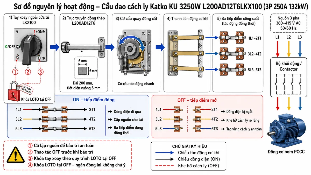 Vẽ sơ đồ khối nguyên lý hoạt động trên nền trắng, bố cục ngang cho Katko KU 3250W L200AD12T6LKX100. Từ trái sang phải gồm tay xoay ngoài cửa tủ LKX100 với hai vị trí 0/OFF và 1/ON, ba vị trí gắn ổ khóa tại OFF, trục truyền động thép L200AD12T6 dài 200 mm và tiết diện vuông 6 mm, cơ cấu quay đóng cắt, thanh liên động cơ khí và ba nhánh tác động đồng thời tới ba tiếp điểm công suất 1L1-2T1, 3L2-4T2 và 5L3-6T3. Minh họa trạng thái ON với ba tiếp điểm đóng và dòng điện đi từ nguồn tới bộ khởi động, động cơ bơm PCCC; trạng thái OFF với ba tiếp điểm mở tạo vùng cách ly. Bổ sung ghi chú khóa tay xoay theo quy trình LOTO tại OFF.