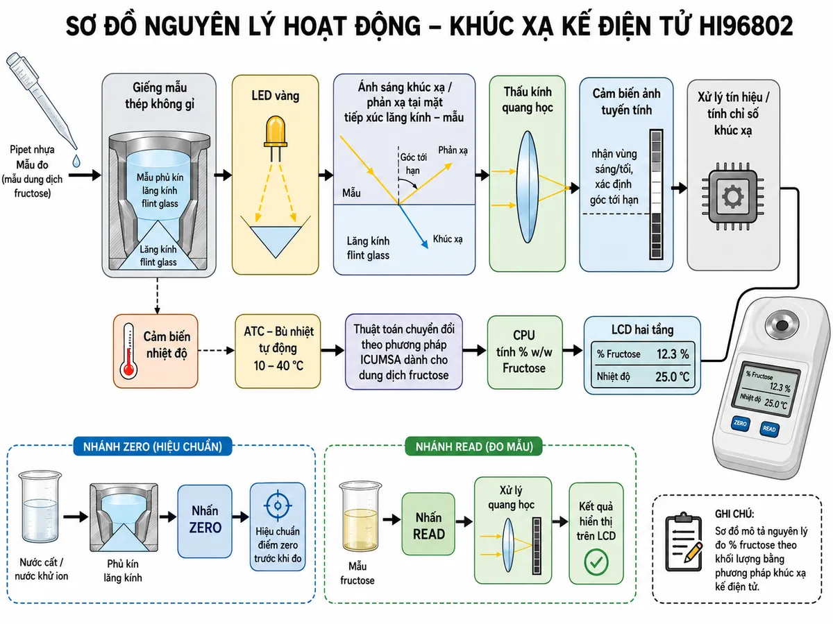 Sơ đồ nguyên lý hoạt động Hanna HI96802 dạng block diagram kỹ thuật trên nền trắng: mẫu dung dịch fructose được nhỏ bằng pipet nhựa vào giếng mẫu thép không gỉ → mẫu phủ kín lăng kính flint glass → LED vàng phát ánh sáng qua lăng kính → ánh sáng khúc xạ/phản xạ tại mặt tiếp xúc lăng kính–mẫu → thấu kính quang học → cảm biến ảnh tuyến tính nhận vùng sáng/tối và xác định góc tới hạn → khối xử lý tính chỉ số khúc xạ. Từ cảm biến nhiệt độ tạo nhánh vào khối ATC bù nhiệt tự động trong vùng 10–40 °C → thuật toán chuyển đổi theo phương pháp ICUMSA dành cho dung dịch fructose → CPU tính % w/w Fructose → LCD hai tầng hiển thị đồng thời % fructose và nhiệt độ. Bổ sung nhánh ZERO: nước cất/nước khử ion → phủ kín lăng kính → nhấn ZERO để hiệu chuẩn điểm zero trước khi đo; nhánh READ: mẫu fructose → nhấn READ → xử lý quang học → kết quả.