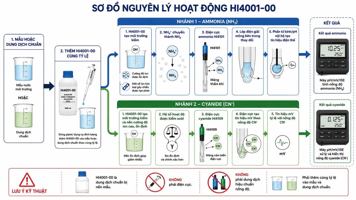 Sơ đồ nguyên lý hoạt động Hanna HI4001-00 dạng khối chức năng trên nền trắng, chia thành hai nhánh. Khối đầu: mẫu hoặc dung dịch chuẩn → thêm HI4001-00 với cùng tỷ lệ. Nhánh AMMONIA: HI4001-00 tạo môi trường kiềm → ammonium chuyển sang ammonia NH3 + cường độ ion được ổn định + một số ion kim loại gây nhiễu được tạo phức → NH3 đi qua màng thấm khí của điện cực HI4101 → lớp điện giải mỏng bên trong thay đổi → phần tử pH nội bộ tạo tín hiệu điện thế → máy pH/mV/ISE tính nồng độ ammonia. Nhánh CYANIDE: HI4001-00 tạo môi trường kiềm và nền cường độ ion cao, ổn định → hệ số hoạt độ được kiểm soát → cyanide tự do tương tác với màng cảm biến điện cực cyanide HI4109 → điện cực tạo tín hiệu mV theo nồng độ CN- → máy pH/mV/ISE xử lý và hiển thị nồng độ. Dùng mũi tên lớn thể hiện luồng chuẩn bị mẫu → cảm biến → tín hiệu → kết quả; nhấn mạnh HI4001-00 là dung dịch chuẩn bị nền mẫu, không phải điện cực và không phải dung dịch hiệu chuẩn nồng độ.