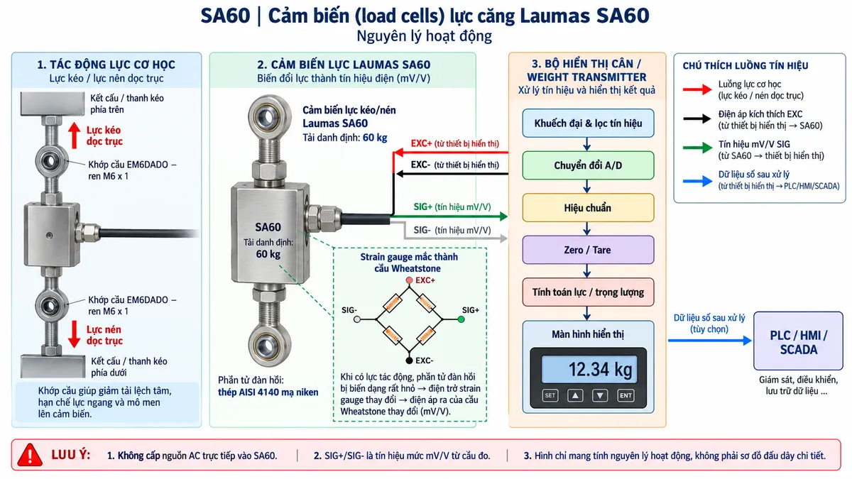 Sơ đồ nguyên lý hoạt động dạng khối cho Laumas SA60: bắt đầu từ lực kéo hoặc lực nén dọc trục truyền qua hai khớp cầu EM6DADO vào phần tử đàn hồi của SA60; bên trong thể hiện phần tử đàn hồi bằng thép AISI 4140 mạ niken và các strain gauge mắc thành cầu Wheatstone. Bộ hiển thị cân hoặc weight transmitter cấp EXC+/EXC- cho cầu đo; khi tải làm phần tử đàn hồi biến dạng, điện trở strain gauge thay đổi và tạo tín hiệu SIG+/SIG- dạng mV/V. Tín hiệu đi qua các khối khuếch đại và lọc, chuyển đổi A/D, hiệu chuẩn, Zero/Tare, tính toán lực hoặc trọng lượng rồi tới màn hình hiển thị; thêm nhánh dữ liệu số từ thiết bị điện tử cân tới PLC/HMI/SCADA khi có giao tiếp công nghiệp.