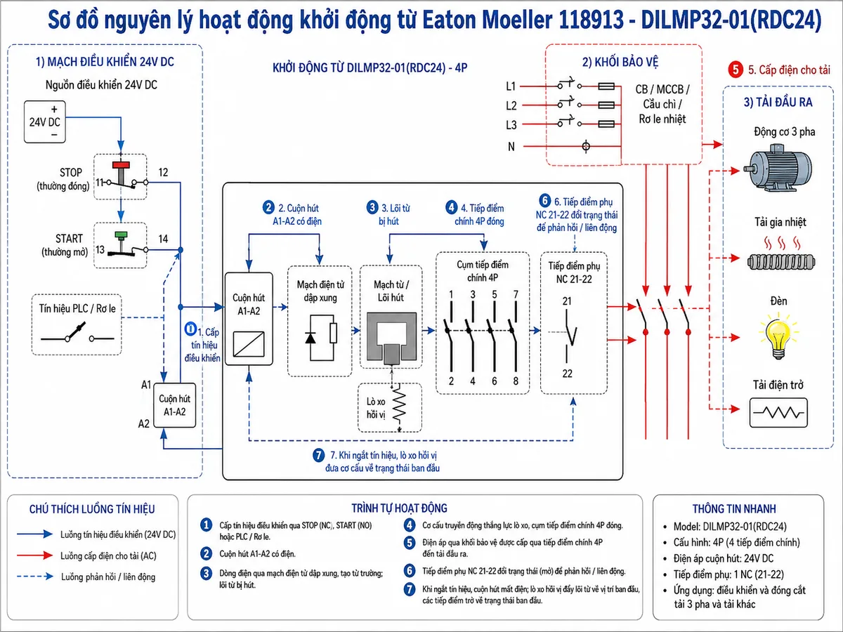 Sơ đồ nguyên lý hoạt động Khởi động từ Eaton Moeller 118913 DILMP32-01(RDC24): thể hiện các khối chức năng gồm nguồn điều khiển 24V DC, nút STOP thường đóng, nút START thường mở hoặc tín hiệu PLC/rơ le, cuộn hút A1-A2, mạch điện tử dập xung, mạch từ/lõi hút, lò xo hồi vị, cụm tiếp điểm chính 4P, tiếp điểm phụ NC 21-22 phản hồi/liên động, khối bảo vệ CB/MCCB/cầu chì/rơ le nhiệt và tải đầu ra; dùng mũi tên mô tả luồng tín hiệu làm cuộn hút hút lõi từ, đóng tiếp điểm chính cấp điện cho tải, đồng thời thay đổi trạng thái tiếp điểm phụ.