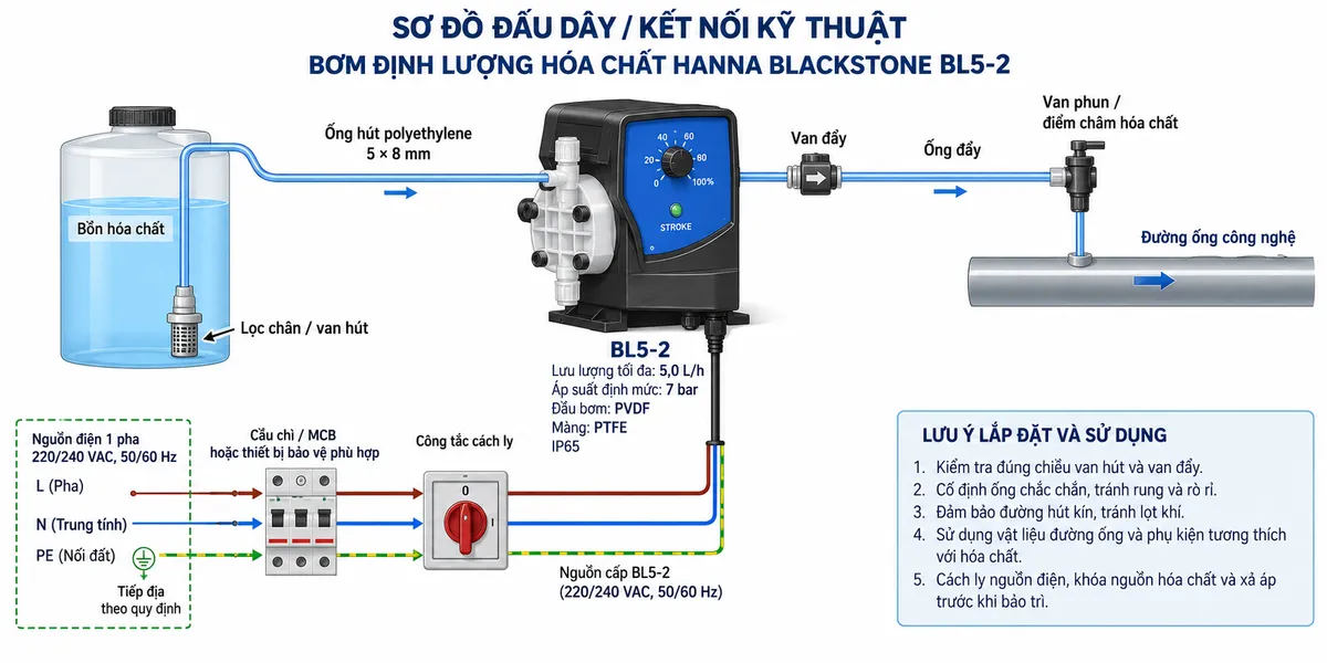 Vẽ sơ đồ nguyên lý hoạt động dạng khối cho Hanna BlackStone BL5-2 trên nền trắng, bố cục ngang. Bắt đầu từ “Nguồn điện 220/240 VAC, 50/60 Hz” → “Mạch điều khiển / bộ chỉnh tỷ lệ đầu ra 0–100%” → “Bộ dẫn động điện từ” → “Màng PTFE” → “Buồng bơm PVDF”. Thể hiện chu kỳ hút: “Bồn hóa chất” → “Van hút một chiều” → “Buồng bơm”; chu kỳ đẩy: “Buồng bơm” → “Van đẩy một chiều” → “Điểm châm hóa chất / đường ống công nghệ”. Thêm nhánh “LED báo chu kỳ bơm” từ mạch điều khiển. Dùng mũi tên rõ ràng để mô tả sự thay đổi thể tích buồng bơm tạo pha hút và pha đẩy, nguyên lý dịch chuyển thể tích dương; ghi chú BL5-2 có lưu lượng tối đa 5,0 L/h tại áp suất 7 bar.