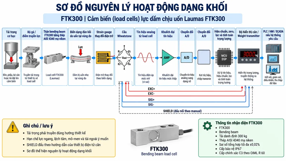 Vẽ sơ đồ nguyên lý hoạt động dạng khối cho Laumas FTK300 trên nền trắng, bố cục ngang. Luồng chính gồm: Tải trọng cơ học → Bộ gá / điểm truyền lực → Thân bending beam FTK300 bằng thép AISI 4340 mạ niken → Biến dạng đàn hồi do uốn tại vùng đo → Strain gauge thay đổi điện trở → Cầu Wheatstone → Tín hiệu analog từ load cell → Khuếch đại tín hiệu → Chuyển đổi A/D → Hiệu chuẩn, zero, lọc và tính toán trọng lượng → Bộ hiển thị cân / Weight transmitter → PLC / HMI / SCADA nếu hệ thống yêu cầu. Vẽ nhánh từ thiết bị điện tử cân cấp EXC+/EXC- tới cầu Wheatstone và nhận SIG+/SIG- trở về; thể hiện SHIELD đi theo cáp tín hiệu với ghi chú đấu nối theo manual. Bổ sung khối thông tin nhận diện gồm: FTK300, bending beam, tải danh định 300 kg, thép AISI 4340 mạ niken, sai số tổng hợp tối đa ±0,02%, cấp bảo vệ IP67 và cấp chính xác C3 theo OIML R 60.