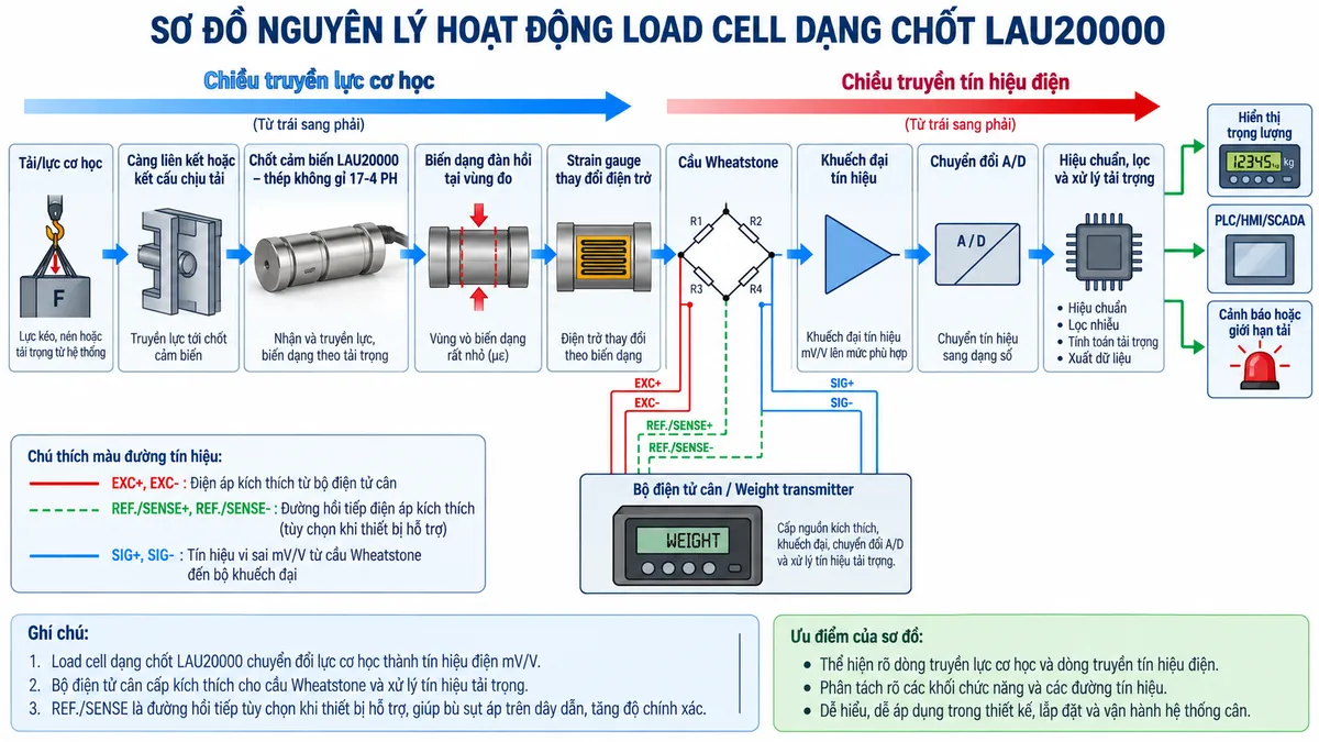 Vẽ sơ đồ nguyên lý hoạt động dạng khối cho Laumas LAU20000 trên nền trắng, bố cục ngang. Bắt đầu từ “Tải/lực cơ học” → “Càng liên kết hoặc kết cấu chịu tải” → “Chốt cảm biến LAU20000 – thép không gỉ 17-4 PH” → “Biến dạng đàn hồi tại vùng đo” → “Strain gauge thay đổi điện trở” → “Cầu Wheatstone”. Từ khối “Bộ điện tử cân / Weight transmitter” vẽ EXC+/EXC- cấp điện áp kích thích vào cầu Wheatstone; vẽ REF./SENSE+/REF./SENSE- hồi tiếp điện áp kích thích khi thiết bị hỗ trợ. Từ cầu Wheatstone vẽ SIG+/SIG- mang tín hiệu vi sai → “Khuếch đại tín hiệu” → “Chuyển đổi A/D” → “Hiệu chuẩn, lọc và xử lý tải trọng”. Từ khối xử lý chia ba nhánh tới “Hiển thị trọng lượng”, “PLC/HMI/SCADA” và “Cảnh báo hoặc giới hạn tải”. Thể hiện rõ mũi tên chiều truyền lực cơ học và chiều truyền tín hiệu điện, bố cục kỹ thuật công nghiệp sạch, dễ đọc.