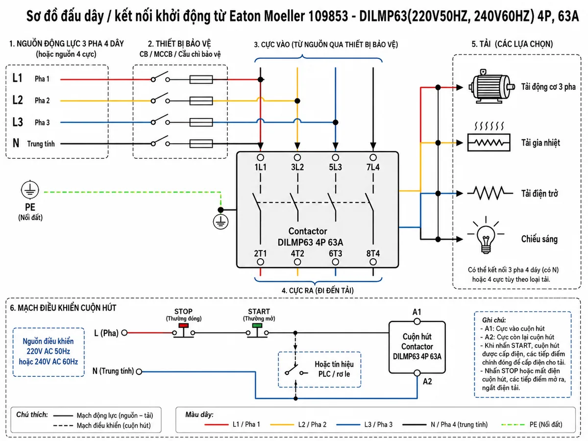 Sơ đồ nguyên lý hoạt động khởi động từ Eaton Moeller 109853 DILMP63(220V50HZ,240V60HZ): thể hiện các khối nguồn điều khiển 220V AC 50Hz hoặc 240V AC 60Hz, nút STOP thường đóng, nút START thường mở hoặc tín hiệu PLC/rơ le, cuộn hút A1-A2, mạch từ/lõi hút, lò xo hồi vị, cụm tiếp điểm chính 4NO/4P, khối bảo vệ CB/MCCB/cầu chì/rơ le nhiệt và tải đầu ra; dùng mũi tên mô tả luồng tín hiệu điều khiển làm cuộn hút hút lõi từ, đóng tiếp điểm chính cấp điện cho tải, khi mất điện cuộn hút thì lò xo mở tiếp điểm và ngắt tải; phong cách infographic kỹ thuật rõ ràng, nền trắng.