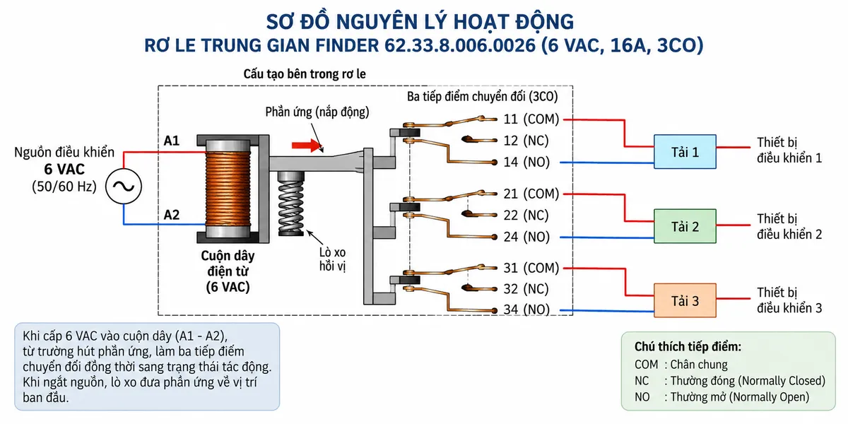 Sơ đồ nguyên lý hoạt động Finder 62.33.8.006.0026 từ cuộn điện từ đến phần ứng, ba tiếp điểm CO và tải điều khiển; nền trắng, bố cục ngang, chú thích tiếng Việt