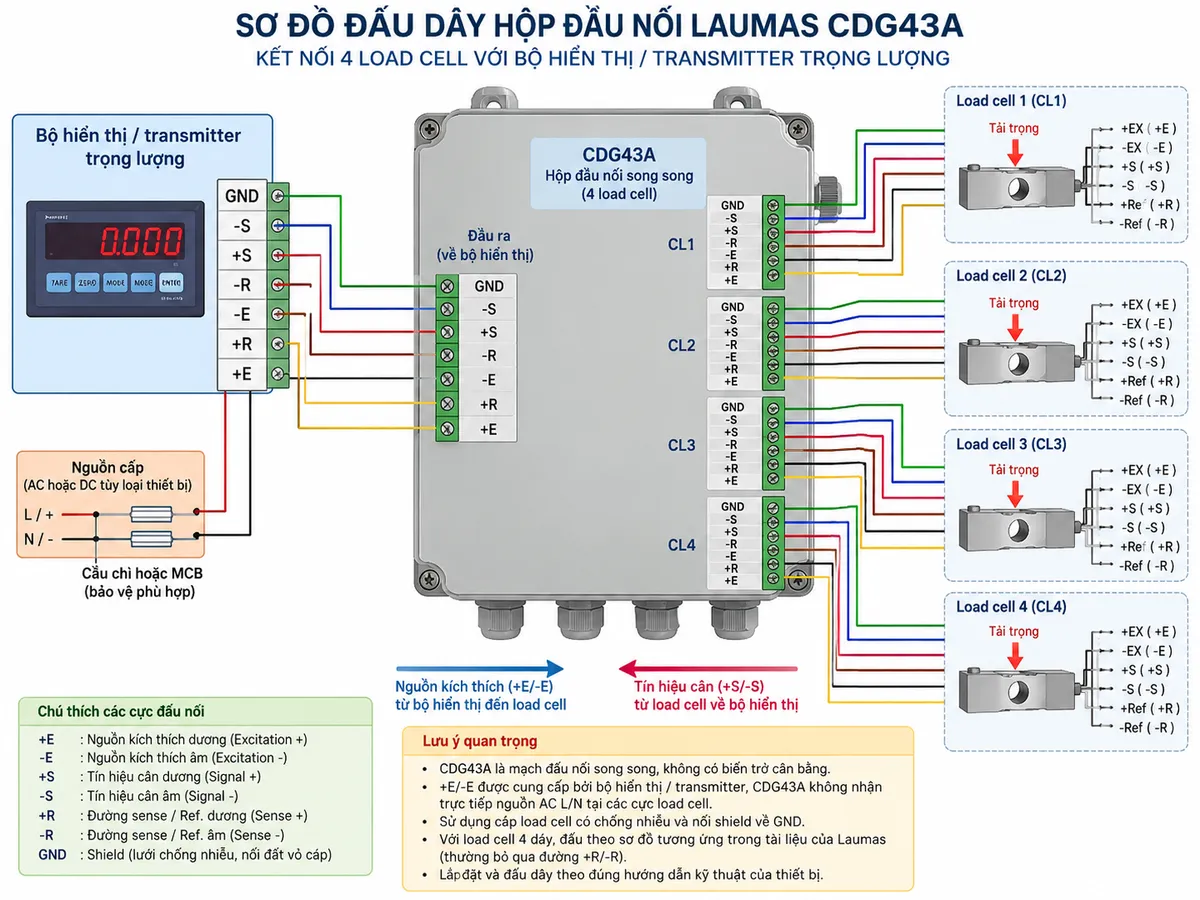 Sơ đồ nguyên lý hoạt động của Laumas CDG43A trên nền trắng, bố cục ngang, chú thích tiếng Việt. Bên trái là khối “Bộ hiển thị / transmitter trọng lượng” phát EX+/EX- và nhận tín hiệu S+/S-; nếu dùng cấu hình 6 dây thể hiện thêm +R/-R Ref./Sense. Ở giữa là khối “CDG43A – mạch phân phối và đấu nối song song”, từ đây nguồn excitation được chia thành bốn nhánh CL1, CL2, CL3, CL4 tới bốn khối “Load cell cầu Wheatstone”. Phía trên mỗi load cell có mũi tên “Tải trọng cơ học”; từ mỗi load cell phát sinh “Tín hiệu mV/V”. Các đường S+/S- của bốn kênh đi vào khối “Ghép tín hiệu song song” rồi tạo thành tín hiệu chung đưa trở lại bộ hiển thị/transmitter. Thể hiện +R/-R Ref./Sense hồi tiếp trong hệ 6 dây để thiết bị cân tham chiếu điện áp kích thích. Có chú giải luồng: excitation từ transmitter → CDG43A → load cell; tải trọng → cầu Wheatstone → tín hiệu mV/V; tín hiệu các kênh → đấu song song → transmitter. Ghi rõ “CDG43A không có potentiometer cân bằng W1-W4; phiên bản cân bằng là CDG4EQ3A”.