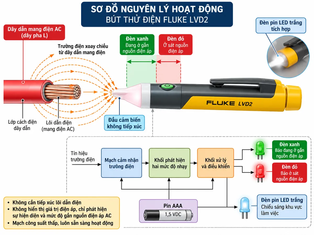 Sơ đồ nguyên lý hoạt động của Bút thử điện FLUKE LVD2 trên nền trắng, bố cục ngang, chú thích tiếng Việt. Bên trái là “Dây dẫn mang điện AC” tạo “Trường điện xoay chiều” xuyên qua lớp cách điện; các đường trường và mũi tên hướng tới “Đầu cảm biến không tiếp xúc”. Từ đầu cảm biến, tín hiệu lần lượt đi qua các khối “Mạch cảm nhận trường điện”, “Khối phát hiện hai mức độ nhạy”, “Khối xử lý và điều khiển”. Từ khối xử lý chia hai nhánh: “Đèn xanh – báo đang ở gần nguồn điện áp” và “Đèn đỏ – báo ở sát nguồn điện áp”. Phía dưới thể hiện “Pin AAA” cấp nguồn cho mạch cảm biến, mạch xử lý và các LED; thêm một nhánh riêng tới “Đèn pin LED trắng” dùng chiếu sáng khu vực làm việc. Ghi chú rõ “Không cần tiếp xúc lõi dẫn điện” và “Không hiển thị giá trị điện áp, chỉ phát hiện sự hiện diện và mức độ gần nguồn điện áp AC”.