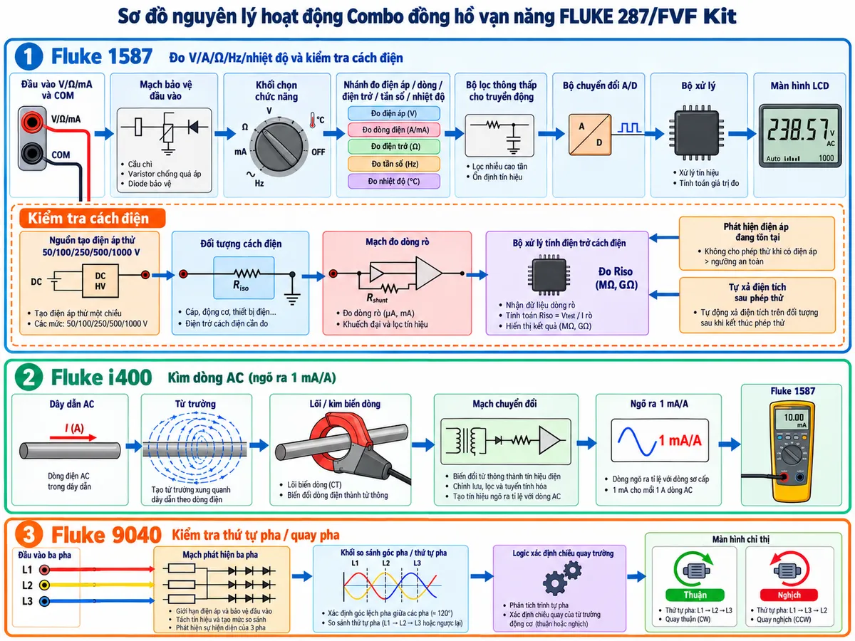 Sơ đồ nguyên lý hoạt động của Combo FLUKE 1587/MDT trên nền trắng, bố cục ngang, chia thành ba nhánh chức năng. Nhánh Fluke 1587: đầu vào V/Ω/mA và COM → mạch bảo vệ đầu vào → khối chọn chức năng → nhánh đo điện áp/dòng/điện trở/tần số/nhiệt độ và bộ lọc thông thấp cho truyền động → bộ chuyển đổi A/D → bộ xử lý → màn hình LCD; đồng thời thể hiện khối nguồn tạo điện áp thử cách điện 50/100/250/500/1000 V → đối tượng cách điện → mạch đo dòng rò → bộ xử lý tính điện trở cách điện, kèm khối phát hiện điện áp đang tồn tại và tự xả điện tích. Nhánh Fluke i400: dây dẫn AC → từ trường → lõi/kìm biến dòng → mạch chuyển đổi → ngõ ra 1 mA/A → Fluke 1587. Nhánh Fluke 9040: ba đầu vào L1-L2-L3 → mạch phát hiện ba pha → khối so sánh góc pha/thứ tự pha → logic xác định chiều quay trường → màn hình chỉ thị. Dùng mũi tên thể hiện rõ luồng tín hiệu, chú thích tiếng Việt, phong cách sơ đồ kỹ thuật điện công nghiệp, không logo.