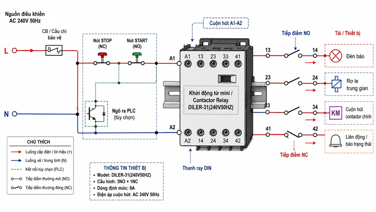 Sơ đồ nguyên lý hoạt động của khởi động từ mini Eaton Moeller 010300 DILER-31(240V50HZ): thể hiện các khối chức năng gồm nguồn AC 240V 50Hz, CB/cầu chì bảo vệ, tín hiệu START/STOP hoặc PLC, cuộn hút A1-A2, lõi từ điện từ, lò xo hồi vị, cụm tiếp điểm 3NO+1NC, tải phụ gồm đèn báo, rơ le trung gian, ngõ vào PLC và cuộn hút contactor chính; dùng mũi tên mô tả luồng hoạt động từ cấp điện cho cuộn hút, tạo từ trường, hút lõi từ, đóng các tiếp điểm NO, mở tiếp điểm NC, truyền tín hiệu điều khiển và tự hồi về khi mất điện; phong cách sơ đồ kỹ thuật điện công nghiệp rõ ràng, nền trắng, chú thích tiếng Việt