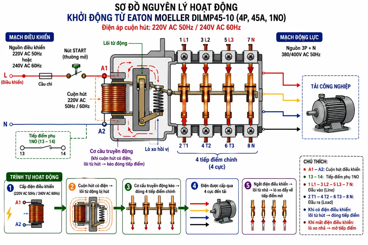 Sơ đồ nguyên lý hoạt động của contactor Eaton Moeller DILMP45-10(220V50HZ, 240V60HZ), thể hiện nguồn điều khiển AC 220V 50Hz hoặc 240V 60Hz cấp vào cuộn hút điện từ, lõi từ động, cơ cấu truyền động, bốn tiếp điểm chính, tiếp điểm phụ 1NO, tải công nghiệp và các mũi tên mô tả trình tự cấp điện điều khiển → hút lõi từ → đóng tiếp điểm → cấp nguồn cho tải → ngắt điện thì tiếp điểm mở, chú thích tiếng Việt trên nền trắng