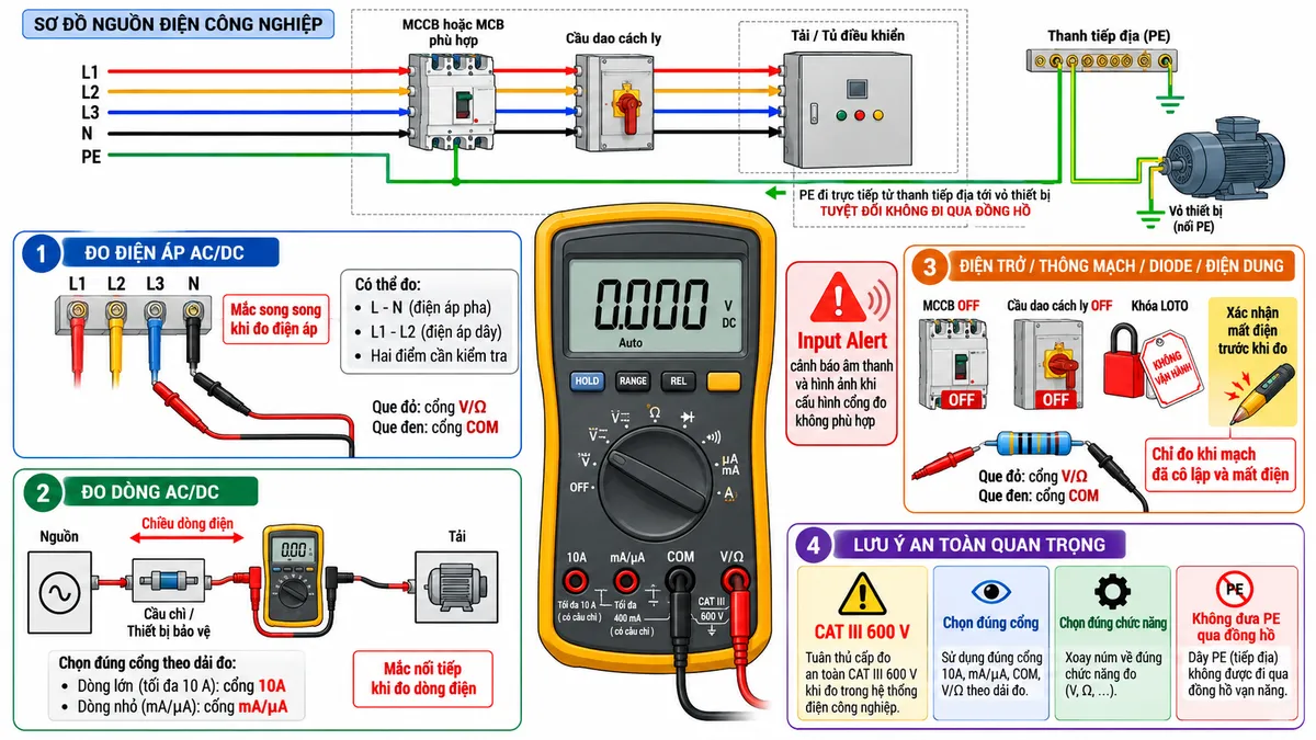 Sơ đồ đấu dây/kết nối kỹ thuật của đồng hồ vạn năng FLUKE 15B MAX trên nền trắng, bố cục ngang, chú thích tiếng Việt. Phía trên thể hiện nguồn L1-L2-L3-N-PE → MCCB hoặc MCB phù hợp → cầu dao cách ly → tải/tủ điều khiển; PE đi trực tiếp từ thanh tiếp địa tới vỏ thiết bị, tuyệt đối không đi qua đồng hồ. Ở trung tâm đặt FLUKE 15B MAX với bốn cổng “10A”, “mA/µA”, “COM” và “V/Ω”. Nhánh “Đo điện áp AC/DC”: que đỏ vào V/Ω, que đen vào COM, mắc song song L-N, L1-L2 hoặc hai điểm cần kiểm tra. Nhánh “Đo dòng AC/DC”: nguồn → cầu chì/thiết bị bảo vệ → cổng 10A hoặc mA/µA theo dải → mạch đo FLUKE 15B MAX → COM → tải, thể hiện mắc nối tiếp và chiều dòng. Nhánh “Điện trở / thông mạch / diode / điện dung”: MCCB OFF, cầu dao cách ly OFF, khóa LOTO và xác nhận mất điện trước khi đo. Bên cạnh đồng hồ thể hiện “Input Alert – cảnh báo âm thanh và hình ảnh khi cấu hình cổng đo không phù hợp”. Ghi chú CAT III 600 V, chọn đúng cổng và chức năng; không tạo nhánh nhiệt độ, tần số hoặc duty cycle vì FLUKE 15B MAX không có các chức năng này.