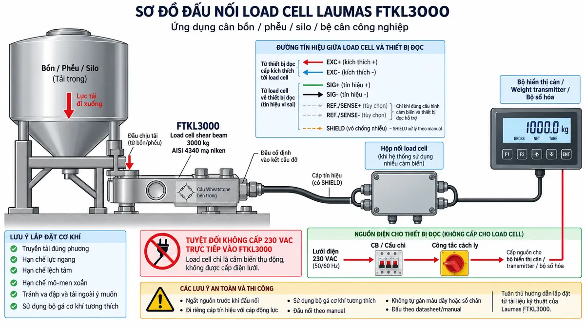 Vẽ sơ đồ đấu dây và kết nối kỹ thuật cho Laumas FTKL3000 trên nền trắng, bố cục ngang. Bên trái là bồn, phễu, silo, bệ cân hoặc kết cấu máy tải lớn truyền tải trọng đúng phương qua bộ gá hoặc phụ kiện cơ khí tương thích theo tài liệu Laumas tới load cell FTKL3000 dạng shear beam, tải danh định 3000 kg, thân thép AISI 4340 mạ niken. Thể hiện một đầu FTKL3000 cố định chắc chắn vào kết cấu đỡ và đầu còn lại nhận tải theo đúng hướng; chú thích hạn chế lực ngang, lệch tâm, mô-men xoắn, va đập và tải ngoài ý muốn. Từ FTKL3000 vẽ cáp tín hiệu có SHIELD tới hộp nối load cell khi hệ thống sử dụng nhiều cảm biến, sau đó tới bộ hiển thị cân, weight transmitter hoặc bộ số hóa. Thể hiện EXC+/EXC- từ thiết bị điện tử cân cấp điện áp kích thích tới cầu Wheatstone và SIG+/SIG- truyền tín hiệu vi sai từ load cell về thiết bị đọc; REF./SENSE+/REF./SENSE- chỉ thể hiện khi đúng cấu hình cảm biến và thiết bị đọc hỗ trợ, ghi chú phải đấu theo datasheet/manual; SHIELD xử lý theo manual. Không tự gán màu dây hoặc số chân. Vẽ nguồn điện lưới chỉ cấp cho bộ hiển thị hoặc transmitter qua CB hoặc cầu chì và công tắc cách ly phù hợp; ghi rõ tuyệt đối không cấp 230 VAC trực tiếp vào FTKL3000. Bổ sung lưu ý ngắt nguồn trước khi đấu nối và đi riêng cáp tín hiệu với cáp động lực.