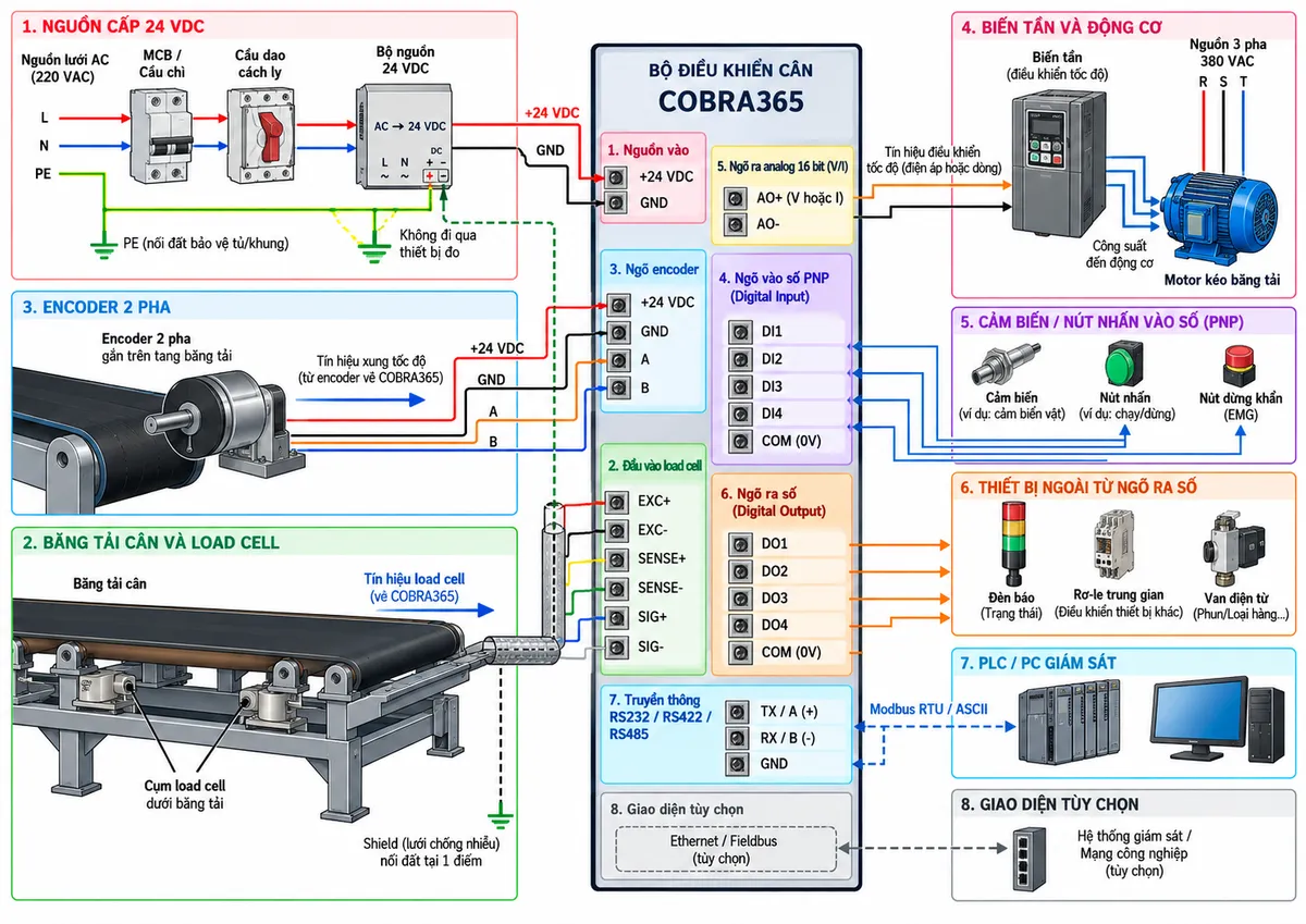 Sơ đồ đấu dây/kết nối Bộ điều khiển cân Laumas COBRA365 trên nền trắng dạng ngang: nguồn lưới đi qua MCB hoặc cầu chì và cầu dao cách ly tới bộ nguồn 24 VDC, từ bộ nguồn cấp +24 VDC và GND cho COBRA365; cụm load cell của vùng cân băng tải nối về các cực EXC+/EXC-, SENSE+/SENSE- và SIG+/SIG- của đầu vào load cell; encoder hai pha trên tang băng nối nguồn 24 VDC, GND và tín hiệu pha A/B vào ngõ Encoder; ngõ ra analog 16 bit dạng điện áp hoặc dòng điện nối tới biến tần, biến tần cấp động lực cho motor kéo băng; thể hiện các nhóm digital input PNP, digital output, RS232/RS422/RS485 tới PLC/PC và các giao diện tùy chọn; thể hiện dây shield nối đất đúng nguyên tắc, mũi tên rõ chiều tín hiệu và không cho PE đi qua thiết bị đo.