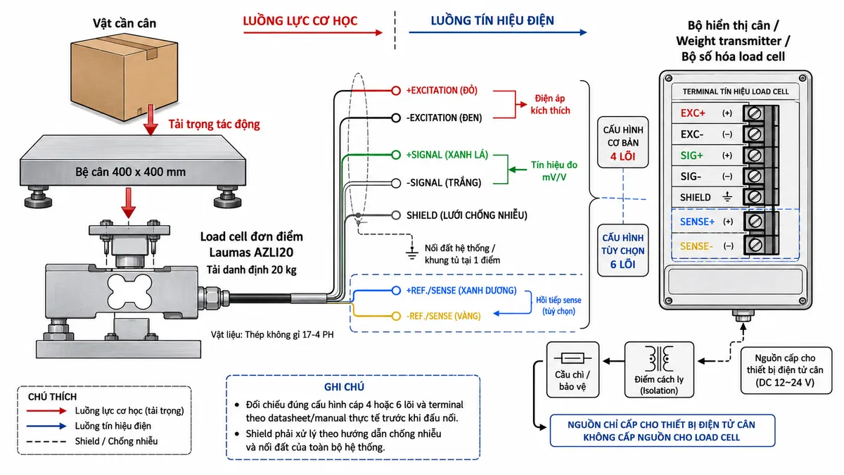 Vẽ sơ đồ đấu dây/kết nối kỹ thuật cho cảm biến load cell đơn điểm Laumas AZLI50 trên nền trắng, bố cục ngang. Bên trái thể hiện vật cần cân tác động xuống bệ cân 400 x 400 mm; lực truyền tới load cell single-point AZLI50 tải danh định 50 kg ở giữa, thân bằng thép không gỉ 17-4 PH. Từ AZLI50 vẽ cáp load cell sang bộ hiển thị cân, weight transmitter hoặc bộ số hóa load cell tương thích ở bên phải. Thể hiện rõ các cực EXC+/EXC- cấp điện áp kích thích từ thiết bị điện tử cân tới load cell, SIG+/SIG- truyền tín hiệu vi sai từ load cell về thiết bị xử lý, và SENSE+/SENSE- nếu phiên bản cảm biến cùng thiết bị đọc hỗ trợ cấu hình sense. Thể hiện SHIELD riêng và ghi chú xử lý theo hướng dẫn chống nhiễu, nối đất của toàn bộ hệ thống. Không cấp nguồn AC trực tiếp vào AZLI50. Vẽ riêng nguồn cấp phù hợp của bộ hiển thị/transmitter đi qua cầu chì hoặc thiết bị bảo vệ và điểm cách ly trước khi vào thiết bị. Ghi chú bắt buộc đối chiếu cấu hình cáp, màu dây và số chân terminal theo datasheet/manual đúng phiên bản AZLI50 và thiết bị đọc cân trước khi đấu nối, không tự gán pinout.