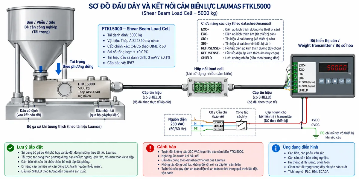Vẽ sơ đồ đấu dây và kết nối kỹ thuật cho Laumas FTKL5000 trên nền trắng, bố cục ngang. Bên trái thể hiện bồn, phễu, silo, bệ cân hoặc kết cấu máy tải lớn truyền tải trọng đúng phương qua bộ gá hoặc phụ kiện cơ khí tương thích theo tài liệu Laumas tới load cell FTKL5000 dạng shear beam, tải danh định 5000 kg, thân thép AISI 4340 mạ niken. Thể hiện một đầu FTKL5000 cố định chắc chắn vào kết cấu đỡ và đầu còn lại nhận tải đúng hướng; chú thích hạn chế lực ngang, lệch tâm, mô-men xoắn, va đập và tải ngoài ý muốn. Từ FTKL5000 vẽ cáp tín hiệu có SHIELD tới hộp nối load cell khi hệ thống sử dụng nhiều cảm biến, sau đó tới bộ hiển thị cân, weight transmitter hoặc bộ số hóa. Thể hiện EXC+/EXC- từ thiết bị điện tử cân cấp điện áp kích thích tới cầu Wheatstone và SIG+/SIG- truyền tín hiệu vi sai từ load cell về thiết bị đọc; REF./SENSE+/REF./SENSE- chỉ thể hiện khi đúng cấu hình cảm biến và thiết bị đọc hỗ trợ, ghi chú đấu theo datasheet/manual; SHIELD xử lý theo manual. Không tự gán màu dây hoặc số chân. Vẽ nguồn điện lưới chỉ cấp cho bộ hiển thị hoặc transmitter qua CB hoặc cầu chì và công tắc cách ly phù hợp; ghi rõ tuyệt đối không cấp 230 VAC trực tiếp vào FTKL5000. Bổ sung lưu ý ngắt nguồn trước khi đấu nối, đi riêng cáp tín hiệu với cáp động lực và sử dụng bộ gá cơ khí tương thích.