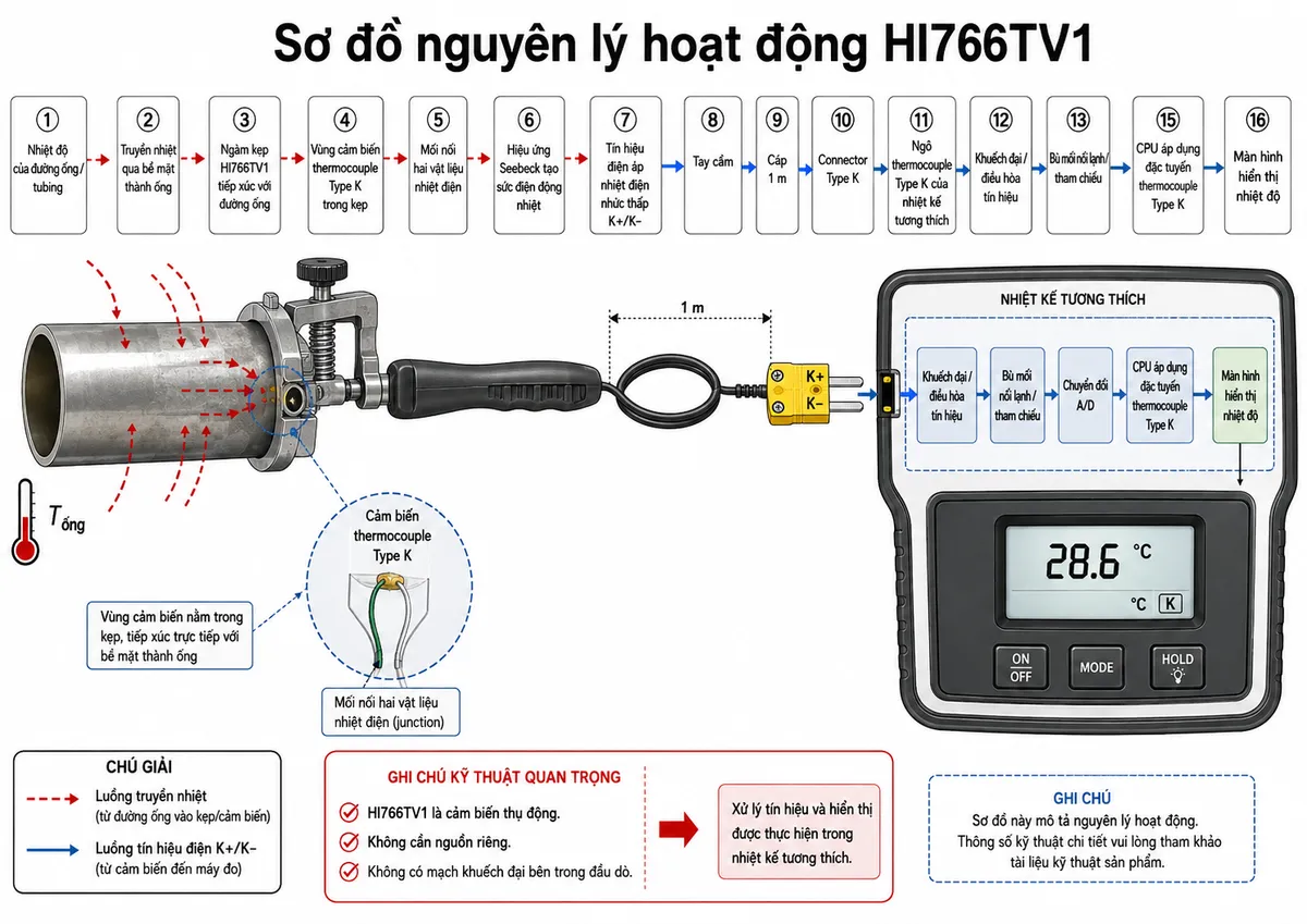 Sơ đồ nguyên lý hoạt động dạng block diagram kỹ thuật cho Hanna HI766TV1 trên nền trắng, bố cục ngang: nhiệt độ của đường ống/tubing → truyền nhiệt qua bề mặt thành ống → ngàm kẹp HI766TV1 tạo tiếp xúc với đường ống → vùng cảm biến thermocouple Type K trong kẹp → mối nối hai vật liệu nhiệt điện tạo sức điện động theo hiệu ứng Seebeck → tín hiệu điện áp nhiệt điện mức thấp K+/K− → tay cầm → cáp 1 m → connector Type K → ngõ thermocouple Type K của nhiệt kế tương thích → khuếch đại/điều hòa tín hiệu → bù mối nối lạnh/tham chiếu → chuyển đổi A/D → CPU áp dụng đặc tuyến thermocouple Type K → màn hình hiển thị nhiệt độ. Dùng hai kiểu mũi tên khác nhau để phân biệt luồng truyền nhiệt từ đường ống vào cảm biến và luồng tín hiệu điện từ HI766TV1 đến máy đo. Ghi chú rõ HI766TV1 là cảm biến thụ động, không cần nguồn riêng và không có mạch khuếch đại bên trong đầu dò.