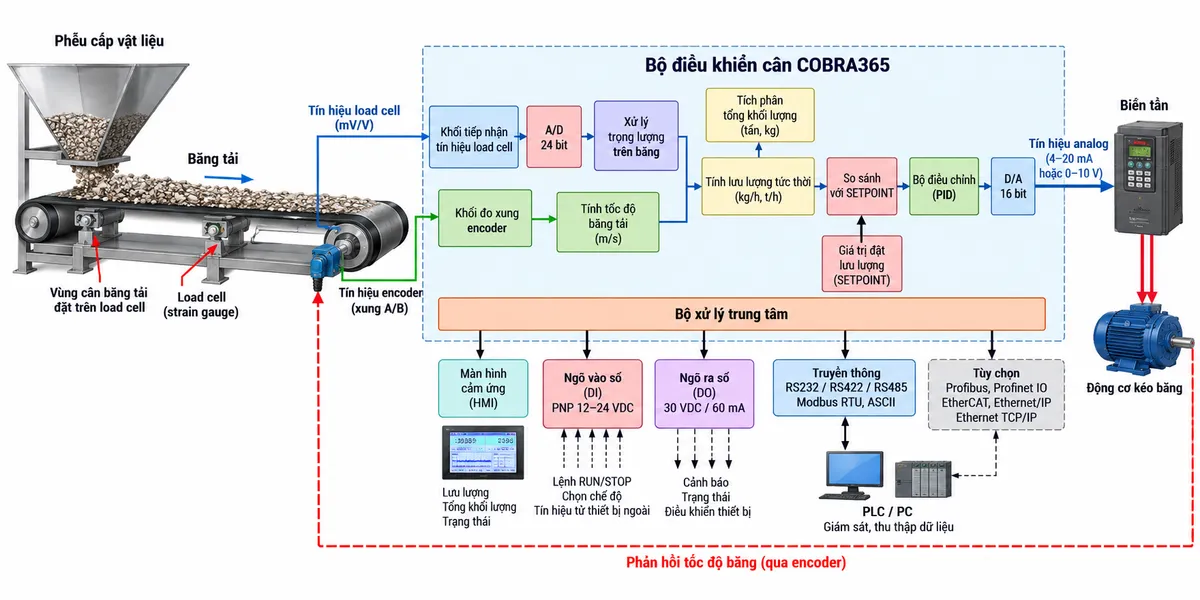 Sơ đồ nguyên lý hoạt động Bộ điều khiển cân Laumas COBRA365 trên nền trắng dạng ngang: từ trái sang phải là phễu cấp vật liệu xuống băng tải cân; vùng cân đặt trên các load cell strain gauge tạo tín hiệu trọng lượng, đồng thời encoder gắn với tang băng tạo xung tốc độ. Hai tín hiệu đi vào COBRA365; nhánh trọng lượng qua khối tiếp nhận tín hiệu load cell, bộ A/D 24 bit và xử lý trọng lượng; nhánh encoder qua khối đo xung và tính tốc độ băng. Hai giá trị đi tới khối tính lưu lượng tức thời và khối tích phân tổng khối lượng. Lưu lượng thực tế đi tới khối so sánh với SETPOINT và bộ điều chỉnh, sau đó qua DAC/ngõ ra analog 16 bit tới biến tần; biến tần điều chỉnh motor và tốc độ băng tạo vòng điều khiển kín trở lại quá trình vận chuyển. Từ bộ xử lý chia thêm các nhánh tới màn hình cảm ứng, cảnh báo sai lệch lưu lượng, digital I/O và truyền thông Modbus RTU/ASCII tới PLC/PC; dùng mũi tên thể hiện rõ luồng tín hiệu và vòng phản hồi.