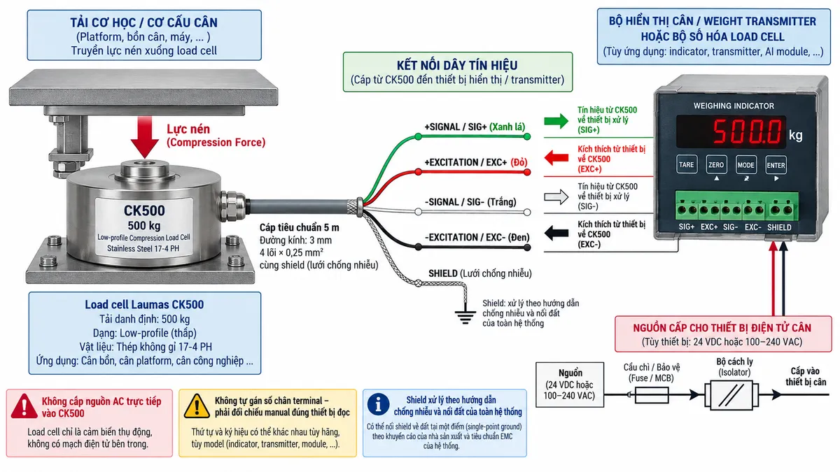 Vẽ sơ đồ nguyên lý hoạt động dạng khối cho cảm biến lực nén Laumas CBL15000 trên nền trắng, bố cục ngang. Bắt đầu từ tải trọng của bồn, silo, phễu, mixer, platform hoặc máy truyền xuống điểm đỡ và tác động lực nén lên CBL15000 tải danh định 15000 kg. Bên trong cảm biến thể hiện phần tử đàn hồi bằng thép không gỉ 17-4 PH và các strain gauge mắc thành cầu Wheatstone. Từ bộ hiển thị cân hoặc weight transmitter thể hiện EXC+/EXC- cấp điện áp kích thích tới cầu đo; nếu cấu hình thực tế hỗ trợ sense/reference thì thể hiện SENSE+/SENSE- hồi tiếp điện áp kích thích về thiết bị đọc. Khi tải thay đổi, phần tử đàn hồi biến dạng làm điện trở strain gauge thay đổi và sinh tín hiệu vi sai SIG+/SIG- dạng mV/V. Tín hiệu đi tiếp qua các khối khuếch đại và lọc, chuyển đổi A/D, hiệu chuẩn, Zero/Tare, tính toán trọng lượng rồi tới màn hình hiển thị. Nếu thiết bị điện tử cân hỗ trợ giao tiếp công nghiệp, thêm nhánh dữ liệu số sau xử lý tới PLC/HMI/SCADA. Dùng mũi tên và chú thích tiếng Việt để phân biệt luồng lực cơ học, điện áp kích thích, hồi tiếp sense nếu có, tín hiệu mV/V và dữ liệu số sau xử lý.