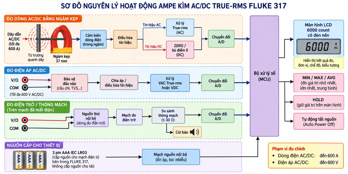 Sơ đồ nguyên lý hoạt động dạng khối của Ampe kìm AC/DC True-rms FLUKE 317 trên nền trắng, bố cục ngang, chú thích tiếng Việt. Nhánh đo dòng chính: dây dẫn AC/DC → từ trường quanh dây → ngàm kẹp 37 mm → cảm biến dòng trong ngàm → điều hòa tín hiệu; tách thành nhánh AC → xử lý True-rms và nhánh DC → ZERO/bù điểm 0; sau đó → chuyển đổi A/D → bộ xử lý số → màn hình LCD 6000 count có đèn nền. Từ bộ xử lý vẽ thêm các khối MIN/MAX/AVG và HOLD. Nhánh đo điện áp: cổng V/Ω và COM → bảo vệ đầu vào → chia áp/điều hòa tín hiệu → xử lý VAC True-rms hoặc VDC → chuyển đổi A/D → bộ xử lý số → màn hình. Nhánh điện trở/thông mạch: cổng V/Ω-COM trên mạch đã mất điện → nguồn thử nội bộ → mạch đo điện trở → bộ so sánh thông mạch ≤30 Ω và còi báo → bộ xử lý số. Vẽ 3 pin AAA IEC LR03 → mạch nguồn nội bộ → bộ xử lý và màn hình; thêm khối tự động tắt nguồn. Ghi chú phạm vi dòng tối đa 600 A AC/DC và điện áp tối đa 600 V AC/DC.