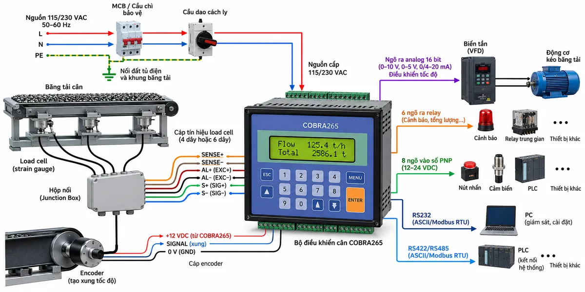 Sơ đồ đấu dây/kết nối Bộ điều khiển cân Laumas COBRA265 trên nền trắng dạng ngang: nguồn 115/230 VAC 50–60 Hz đi qua MCB hoặc cầu chì bảo vệ và cầu dao cách ly trước khi vào cực L-N của COBRA265; PE nối đất tủ điện và khung băng tải, không đi xuyên qua bộ điều khiển. Bên trái thể hiện một hoặc nhiều load cell strain gauge dưới băng cân, nhiều load cell đi qua junction box rồi kết nối tới đầu vào load cell của COBRA265 với các đường AL+/AL− cấp kích thích, S+/S− tín hiệu và SENSE+/SENSE− khi sử dụng cấu hình 6 dây; encoder trên tang băng kết nối +12 VDC, SIGNAL và 0 V về đầu vào encoder. Bên phải thể hiện ngõ ra analog 16 bit 0–10 V/0–5 V hoặc 0/4–20 mA nối tới biến tần, biến tần cấp cho motor kéo băng tải; 6 relay output nối relay trung gian/cảnh báo; 8 digital input PNP 12–24 VDC nối nút nhấn, cảm biến hoặc PLC; RS232 và RS422/RS485 nối PC/PLC. Dùng mũi tên phân biệt đường nguồn, tín hiệu cân, xung encoder và tín hiệu điều khiển.