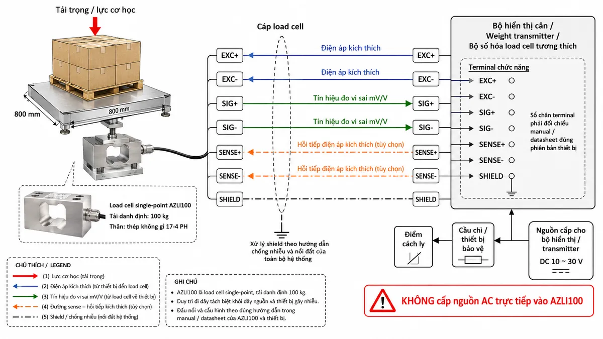 Vẽ sơ đồ đấu dây/kết nối kỹ thuật cho cảm biến load cell đơn điểm Laumas AZLI100 trên nền trắng, bố cục ngang. Bên trái thể hiện vật cần cân tác động xuống bệ cân 800 x 800 mm; lực truyền tới load cell single-point AZLI100 tải danh định 100 kg, thân thép không gỉ 17-4 PH ở giữa. Từ AZLI100 vẽ cáp load cell sang bộ hiển thị cân, weight transmitter hoặc bộ số hóa load cell tương thích ở bên phải. Thể hiện rõ EXC+/EXC- từ thiết bị điện tử cân cấp điện áp kích thích tới cầu đo và SIG+/SIG- từ load cell truyền tín hiệu vi sai mV/V về thiết bị xử lý. Nếu cấu hình cảm biến và bộ điện tử cân hỗ trợ sense thì vẽ thêm SENSE+/SENSE- làm đường hồi tiếp điện áp kích thích; ghi rõ đây là tùy chọn theo cấu hình thực tế. Thể hiện SHIELD riêng và ghi chú xử lý chống nhiễu, nối đất theo hướng dẫn của toàn bộ hệ thống. Không tự gán số chân terminal hoặc màu dây nếu chưa đối chiếu datasheet/manual đúng phiên bản. Vẽ riêng nguồn cấp phù hợp của bộ hiển thị/transmitter đi qua cầu chì hoặc thiết bị bảo vệ và điểm cách ly trước khi vào thiết bị. Ghi rõ không cấp nguồn AC trực tiếp vào AZLI100. Dùng mũi tên và chú thích tiếng Việt để phân biệt luồng lực cơ học, điện áp kích thích, tín hiệu đo, đường sense tùy chọn và shield.