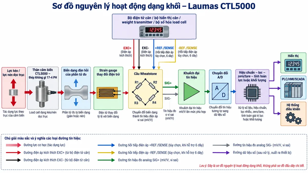 Vẽ sơ đồ đấu dây/kết nối kỹ thuật cho Laumas TBT30000 trên nền trắng, bố cục ngang. Bên trái thể hiện kết cấu cố định phía trên và tải treo hoặc cơ cấu kéo phía dưới, tạo lực kéo dọc trục qua hai shackle hoặc liên kết cơ khí chịu tải phù hợp vào hai lỗ của load cell TBT30000 tải danh định 30.000 kg; nhấn mạnh TBT30000 là cảm biến lực kéo, không minh họa lực nén. Ở giữa thể hiện thân cảm biến bằng thép không gỉ 17-4 PH và cáp load cell đi sang thiết bị điện tử cân. Phân biệt rõ EXC+/EXC- từ bộ hiển thị cân, weight transmitter hoặc bộ số hóa cấp điện áp kích thích tới cầu Wheatstone; SIG+/SIG- truyền tín hiệu vi sai từ TBT30000 về thiết bị đọc; nếu cảm biến và thiết bị đọc hỗ trợ cấu hình 6 dây thì thể hiện riêng REF./SENSE+ và REF./SENSE- là đường hồi tiếp điện áp; SHIELD tách riêng và xử lý theo hướng dẫn EMC. Bên phải vẽ bộ hiển thị cân, weight transmitter hoặc bộ số hóa load cell nhưng không tự gán số chân terminal. Vẽ nguồn riêng của thiết bị điện tử cân đi qua cầu chì hoặc CB bảo vệ và điểm cách ly trước khi cấp vào thiết bị. Ghi chú: không cấp AC trực tiếp vào TBT30000, phải đối chiếu manual đúng thiết bị đọc, ngắt/cách ly nguồn trước khi đấu nối và lựa chọn shackle theo tải cũng như thiết kế cơ khí thực tế.