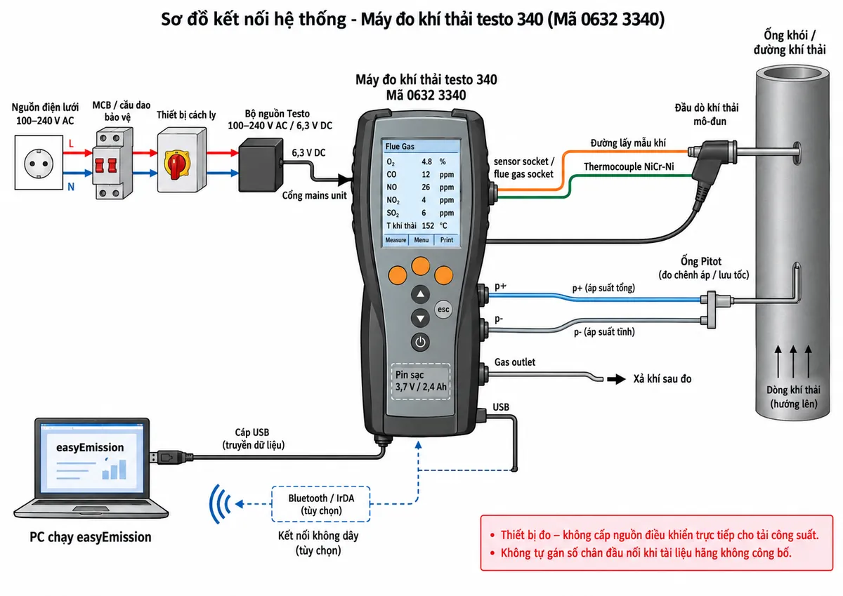 Vẽ sơ đồ đấu dây/kết nối kỹ thuật cho máy đo khí thải testo 330-2 LL mã 0632 3307 trên nền trắng, bố cục ngang. Bên trái thể hiện lò hơi/burner/hệ thống gia nhiệt dùng khí, dầu hoặc nhiên liệu rắn và ống khói. Vẽ đầu dò khí thải mô-đun tương thích đặt tại vùng dòng khí chính, gồm đường lấy mẫu khí, thermocouple đo nhiệt độ khí thải và đường draught, sau đó nối bằng đầu nối chuyên dụng tới testo 330-2 LL ở giữa; không tự gán số chân. Vẽ riêng đầu dò nhiệt độ không khí cháy nối vào cổng đầu dò tương ứng. Phía dưới thể hiện nguồn điện lưới 100–240 V AC đi qua MCB hoặc cầu chì bảo vệ và thiết bị cách ly phù hợp, sau đó tới bộ nguồn Testo; từ bộ nguồn vẽ đầu ra 6 V / 1,2 A tới cổng nguồn máy, đồng thời thể hiện pin sạc 3,7 V / 2,6 Ah bên trong. Vẽ cổng p+/p- kết nối bộ ống áp suất hoặc đầu dò áp suất tùy chọn. Bên phải thể hiện PC/easyHeat qua giao diện dữ liệu tương thích; Bluetooth và máy in Bluetooth vẽ nét đứt và ghi rõ phụ thuộc cấu hình. Ghi chú cấu hình cơ bản 0632 3307 gồm O2 và CO; CO bù H2, NO, COlow, NOlow và Bluetooth là tùy chọn. Ghi chú máy chỉ dùng đo lường, không cấp nguồn cho burner, van điện, contactor hoặc tải công suất; PE và thiết bị bảo vệ thuộc hệ thống nguồn bên ngoài.
