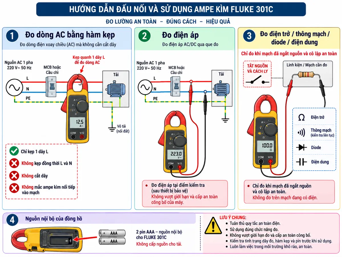 Vẽ sơ đồ đấu nối và sử dụng Ampe kìm FLUKE 301C trên nền trắng, bố cục ngang, chú thích tiếng Việt. Phần đo dòng AC: nguồn AC L-N → thiết bị bảo vệ MCB hoặc cầu chì → dây pha L đi qua tải; hàm kẹp FLUKE 301C chỉ ôm quanh một dây L, không kẹp đồng thời L và N, không cắt dây và không mắc ampe kìm nối tiếp vào mạch. Thể hiện dây N đi thẳng tới tải và dây PE nối trực tiếp tới vỏ tải, PE không đi qua đồng hồ. Phần đo điện áp: que đỏ nối cổng V/Ω và que đen nối COM, hai que đo đặt song song giữa L và N ở phía cần kiểm tra sau thiết bị bảo vệ; ghi rõ không vượt giới hạn và cấp an toàn công bố của máy. Phần đo điện trở/thông mạch/diode/điện dung: V/Ω-COM nối tới linh kiện hoặc mạch đã ngắt nguồn và cô lập an toàn. Vẽ 2 pin AAA là nguồn nội bộ chỉ cấp cho FLUKE 301C, không cấp nguồn cho tải.