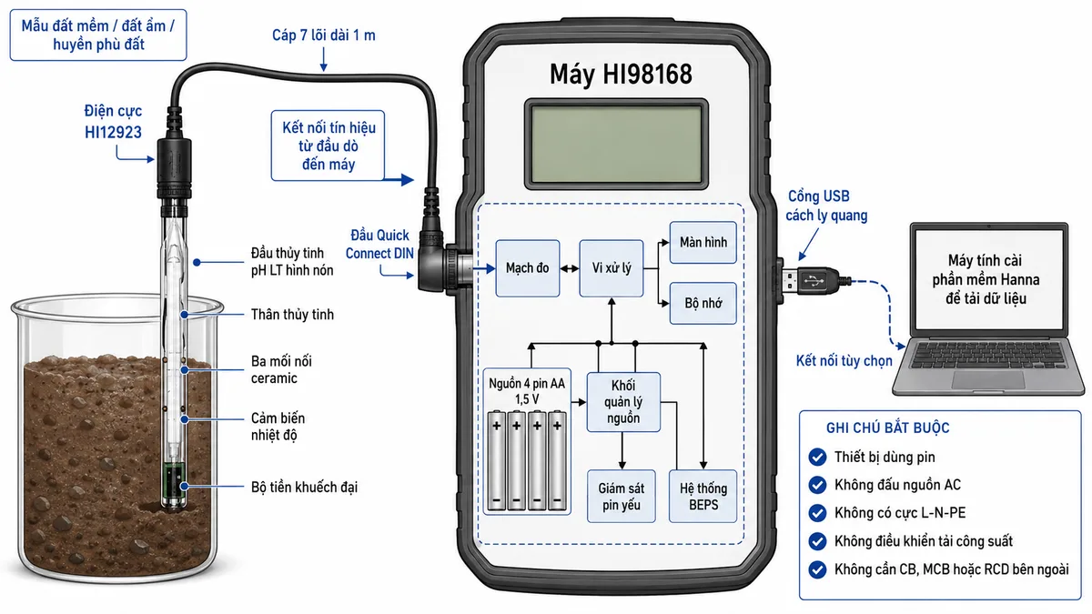 Vẽ sơ đồ đấu dây và kết nối của máy Hanna HI98168 trên nền trắng, bố cục ngang, nhãn tiếng Việt. Bên trái thể hiện mẫu đất mềm, đất ẩm hoặc huyền phù đất; điện cực HI12923 cắm vào mẫu với đầu thủy tinh LT hình nón, thân thủy tinh, ba mối nối ceramic, cảm biến nhiệt độ và bộ tiền khuếch đại. Điện cực nối bằng cáp 7 lõi dài 1 m và đầu Quick Connect DIN tới máy HI98168. Bên trong máy thể hiện nguồn 4 pin AA 1,5 V đúng cực dương và âm đi qua khối quản lý nguồn, giám sát pin yếu và hệ thống BEPS để cấp cho tải nội bộ gồm mạch đo, vi xử lý, màn hình và bộ nhớ. Bên phải thể hiện cổng USB cách ly quang nối tùy chọn tới máy tính cài phần mềm Hanna để tải dữ liệu. Ghi rõ thiết bị dùng pin, không đấu nguồn AC, không có cực L-N-PE, không điều khiển tải công suất và không cần CB, MCB hoặc RCD bên ngoài.