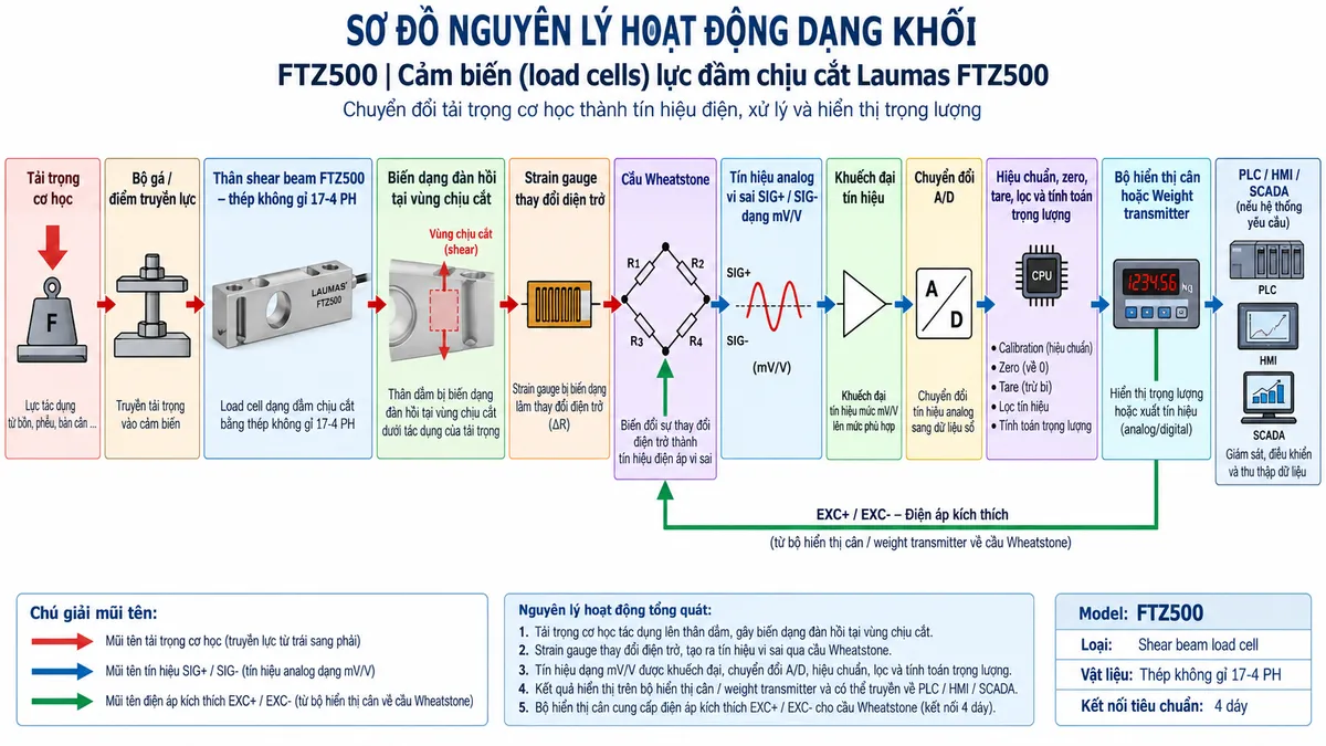 Sơ đồ nguyên lý hoạt động dạng khối của Laumas FTZ500 trên nền trắng, bố cục ngang. Luồng chính gồm: Tải trọng cơ học → Bộ gá/điểm truyền lực → Thân shear beam FTZ500 bằng thép không gỉ 17-4 PH → Biến dạng đàn hồi tại vùng chịu cắt → Strain gauge thay đổi điện trở → Cầu Wheatstone → Tín hiệu analog vi sai SIG+/SIG- dạng mV/V → Khuếch đại tín hiệu → Chuyển đổi A/D → Hiệu chuẩn, zero, tare, lọc và tính toán trọng lượng → Bộ hiển thị cân hoặc Weight transmitter → PLC/HMI/SCADA nếu hệ thống yêu cầu. Vẽ nhánh EXC+/EXC- từ bộ điện tử cân cấp điện áp kích thích trở lại cầu Wheatstone; không vẽ REF./SENSE vì cấu hình tiêu chuẩn của FTZ500 sử dụng kết nối 4 dây. Thể hiện rõ bằng mũi tên hướng truyền tải trọng, hướng tín hiệu SIG và hướng cấp điện áp kích thích EXC.