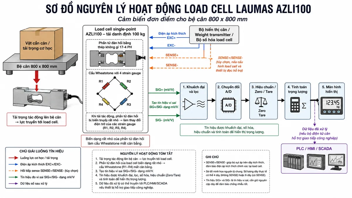 Vẽ sơ đồ đấu dây/kết nối kỹ thuật cho cảm biến load cell đơn điểm Laumas AZLI200 trên nền trắng, bố cục ngang. Bên trái thể hiện vật cần cân tác động xuống bệ cân 800 x 800 mm; lực truyền tới load cell single-point AZLI200 tải danh định 200 kg, thân thép không gỉ 17-4 PH ở giữa. Từ AZLI200 vẽ cáp dài 3 m, đường kính 5 mm, cấu hình 4 hoặc 6 lõi 0,20 mm² có shield sang bộ hiển thị cân, weight transmitter hoặc bộ số hóa load cell tương thích ở bên phải. Thể hiện theo datasheet dòng AZLI: +SIGNAL màu xanh lá, +EXCITATION màu đỏ, +REF./SENSE màu xanh dương khi có; -SIGNAL màu trắng, -EXCITATION màu đen, -REF./SENSE màu vàng khi có và SHIELD. Vẽ EXC+/EXC- từ thiết bị điện tử cân tới load cell để cấp điện áp kích thích; SIG+/SIG- từ load cell về thiết bị xử lý để truyền tín hiệu vi sai mV/V; SENSE+/SENSE- là đường hồi tiếp điện áp kích thích và chỉ thể hiện hoạt động khi cảm biến cùng thiết bị đọc sử dụng cấu hình 6 dây hỗ trợ sense. Vẽ riêng nguồn cấp phù hợp cho bộ hiển thị/transmitter đi qua cầu chì hoặc thiết bị bảo vệ và điểm cách ly trước khi vào thiết bị. Ghi rõ không cấp nguồn AC trực tiếp vào AZLI200; không tự gán số chân terminal mà phải đối chiếu manual của đúng thiết bị đọc cân; xử lý shield theo hướng dẫn chống nhiễu và nối đất của toàn bộ hệ thống. Dùng mũi tên và chú thích tiếng Việt để phân biệt luồng lực cơ học, điện áp kích thích, tín hiệu đo, hồi tiếp sense và shield.