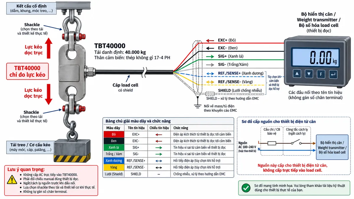 Vẽ sơ đồ đấu dây/kết nối kỹ thuật cho Laumas TBT40000 trên nền trắng, bố cục ngang. Bên trái thể hiện kết cấu cố định phía trên và tải treo hoặc cơ cấu kéo phía dưới tạo lực kéo dọc trục qua hai shackle hoặc liên kết cơ khí chịu tải phù hợp vào hai lỗ của load cell TBT40000 tải danh định 40.000 kg; nhấn mạnh TBT40000 là cảm biến lực kéo và không minh họa lực nén. Ở giữa thể hiện thân cảm biến bằng thép không gỉ 17-4 PH và cáp load cell đi sang thiết bị điện tử cân. Phân biệt rõ EXC+/EXC- từ bộ hiển thị cân, weight transmitter hoặc bộ số hóa cấp điện áp kích thích tới cầu Wheatstone; SIG+/SIG- truyền tín hiệu vi sai từ TBT40000 về thiết bị đọc; nếu cảm biến và thiết bị đọc hỗ trợ kết nối 6 dây thì thể hiện REF./SENSE+ và REF./SENSE- là đường hồi tiếp điện áp; SHIELD tách riêng và xử lý theo hướng dẫn EMC. Bên phải vẽ bộ hiển thị cân, weight transmitter hoặc bộ số hóa load cell nhưng không tự gán số chân terminal. Vẽ nguồn riêng của thiết bị điện tử cân đi qua cầu chì hoặc CB bảo vệ và điểm cách ly trước khi cấp vào thiết bị. Ghi chú: không cấp AC trực tiếp vào TBT40000, phải đối chiếu manual đúng thiết bị đọc, ngắt/cách ly nguồn trước khi đấu nối và lựa chọn shackle theo tải cũng như thiết kế cơ khí thực tế.