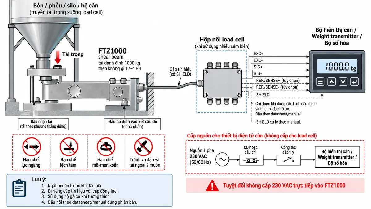 Vẽ sơ đồ đấu dây và kết nối kỹ thuật cho Laumas FTZ1000 trên nền trắng, bố cục ngang. Bên trái thể hiện bồn, phễu, silo, bệ cân hoặc kết cấu máy truyền tải trọng đúng phương qua bộ gá hoặc phụ kiện cơ khí tương thích theo tài liệu Laumas tới load cell FTZ1000 dạng shear beam, tải danh định 1000 kg, thân thép không gỉ 17-4 PH. Thể hiện một đầu FTZ1000 cố định chắc chắn vào kết cấu đỡ và đầu còn lại nhận tải đúng hướng; chú thích hạn chế lực ngang, lệch tâm, mô-men xoắn, va đập và tải ngoài ý muốn. Từ FTZ1000 vẽ cáp tín hiệu có SHIELD tới hộp nối load cell khi hệ thống sử dụng nhiều cảm biến, sau đó tới bộ hiển thị cân, weight transmitter hoặc bộ số hóa. Thể hiện EXC+/EXC- từ thiết bị điện tử cân cấp điện áp kích thích tới cầu Wheatstone và SIG+/SIG- truyền tín hiệu vi sai từ load cell về thiết bị đọc; REF./SENSE+/REF./SENSE- chỉ thể hiện khi đúng cấu hình cảm biến và thiết bị đọc hỗ trợ, ghi chú phải đấu theo datasheet/manual; SHIELD xử lý theo manual. Không tự gán màu dây hoặc số chân. Vẽ nguồn điện lưới chỉ cấp cho bộ hiển thị hoặc transmitter qua CB hoặc cầu chì và công tắc cách ly phù hợp; ghi rõ tuyệt đối không cấp 230 VAC trực tiếp vào FTZ1000. Bổ sung lưu ý ngắt nguồn trước khi đấu nối, đi riêng cáp tín hiệu với cáp động lực và sử dụng bộ gá cơ khí tương thích.