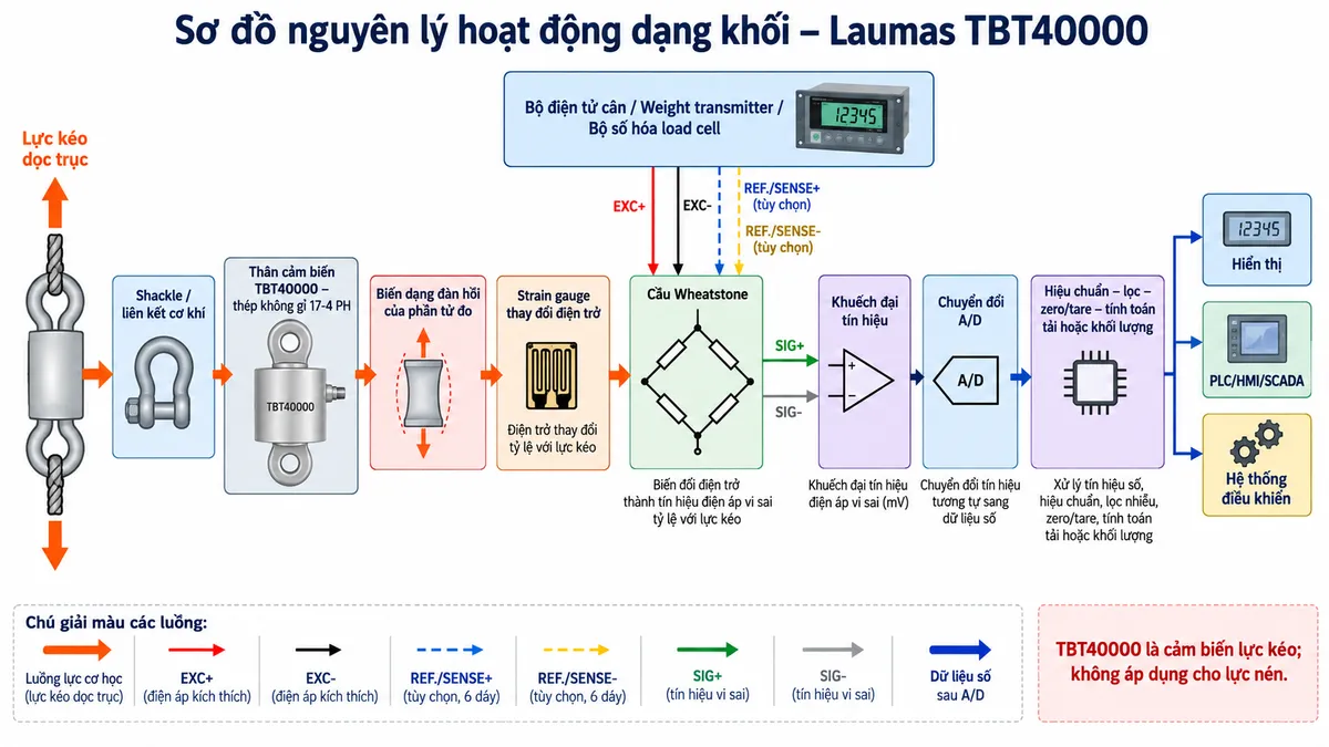 Vẽ sơ đồ đấu dây/kết nối kỹ thuật cho Laumas TBT50000 trên nền trắng, bố cục ngang. Bên trái thể hiện kết cấu cố định phía trên và tải treo hoặc cơ cấu kéo phía dưới tạo lực kéo dọc trục qua hai shackle hoặc liên kết cơ khí chịu tải phù hợp vào hai lỗ của load cell TBT50000 tải danh định 50.000 kg; nhấn mạnh TBT50000 chỉ đo lực kéo, không minh họa lực nén. Ở giữa thể hiện thân cảm biến TBT50000 bằng thép không gỉ 17-4 PH và cáp load cell dài 10 m, đường kính 6 mm đi sang thiết bị điện tử cân. Phân biệt rõ +EXCITATION/EXC+ màu đỏ và -EXCITATION/EXC- màu đen từ bộ hiển thị cân, weight transmitter hoặc bộ số hóa cấp điện áp kích thích tới cầu đo; +SIGNAL/SIG+ màu xanh lá và -SIGNAL/SIG- màu trắng truyền tín hiệu vi sai từ TBT50000 về thiết bị đọc; nếu cấu hình 6 dây được trang bị thì thể hiện +REF./SENSE màu xanh dương và -REF./SENSE màu nâu là hai đường hồi tiếp điện áp; SHIELD tách riêng và xử lý theo hướng dẫn EMC. Bên phải vẽ bộ hiển thị cân, weight transmitter hoặc bộ số hóa load cell nhưng không tự gán số chân terminal. Vẽ nguồn riêng của thiết bị điện tử cân đi qua cầu chì hoặc CB bảo vệ và điểm cách ly trước khi cấp vào thiết bị. Ghi chú: không cấp AC trực tiếp vào TBT50000, phải đối chiếu manual đúng thiết bị đọc, ngắt/cách ly nguồn trước khi đấu nối và lựa chọn shackle, chốt cùng kết cấu cơ khí theo tải làm việc và hệ số an toàn thực tế.