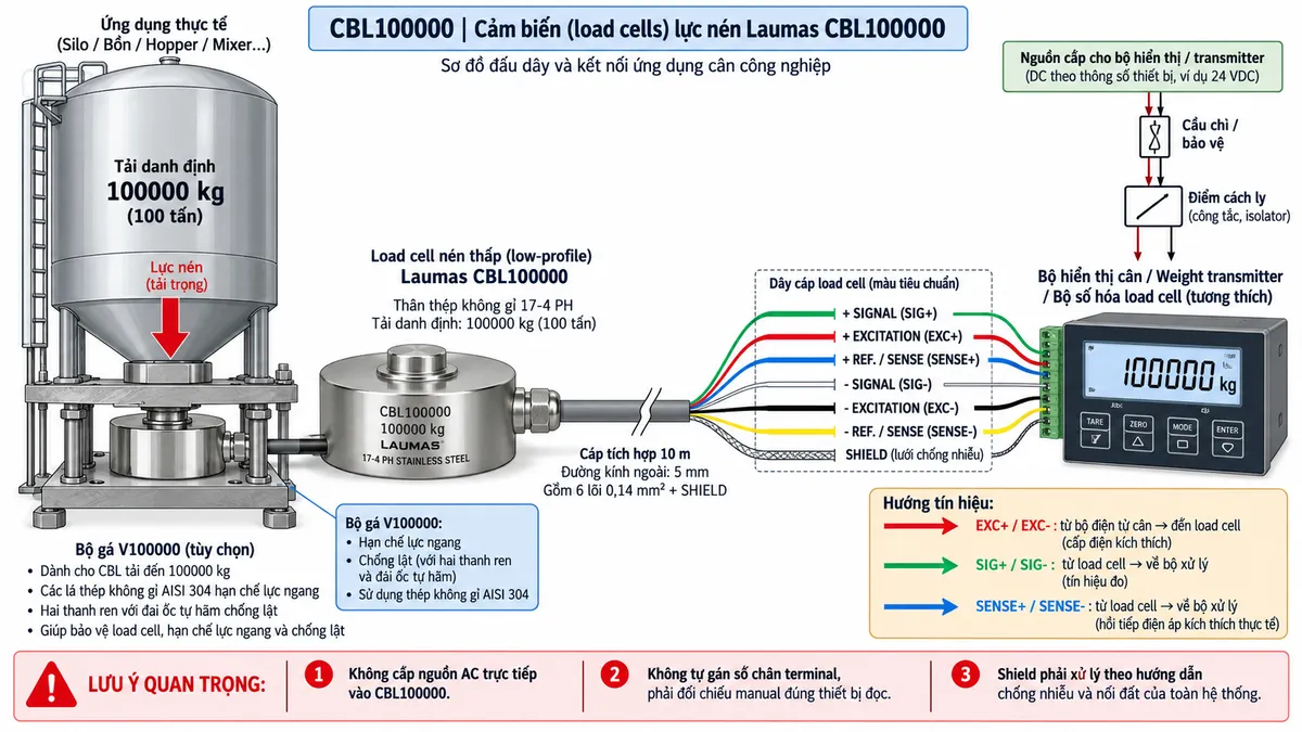 Vẽ sơ đồ nguyên lý hoạt động dạng khối cho cảm biến lực nén Laumas CBL100000 trên nền trắng, bố cục ngang. Bắt đầu từ tải trọng của silo, bồn, phễu, mixer, platform hoặc máy truyền xuống điểm đỡ và tác động lực nén lên CBL100000 tải danh định 100000 kg. Bên trong cảm biến thể hiện phần tử đàn hồi bằng thép không gỉ 17-4 PH và các strain gauge mắc thành cầu Wheatstone. Từ bộ hiển thị cân hoặc weight transmitter vẽ EXC+/EXC- cấp điện áp kích thích tới cầu đo và SENSE+/SENSE- hồi tiếp điện áp kích thích thực tế về thiết bị đọc. Khi tải thay đổi, phần tử đàn hồi biến dạng làm điện trở strain gauge thay đổi và tạo tín hiệu vi sai SIG+/SIG- dạng mV/V. Tín hiệu tiếp tục qua khối khuếch đại và lọc, chuyển đổi A/D, hiệu chuẩn, Zero/Tare, tính toán trọng lượng rồi tới màn hình hiển thị. Nếu thiết bị điện tử cân hỗ trợ giao tiếp công nghiệp, thêm nhánh dữ liệu số sau xử lý tới PLC/HMI/SCADA. Dùng mũi tên và chú thích tiếng Việt để phân biệt luồng lực cơ học, điện áp kích thích EXC, hồi tiếp SENSE, tín hiệu đo SIG dạng mV/V và dữ liệu số sau xử lý.