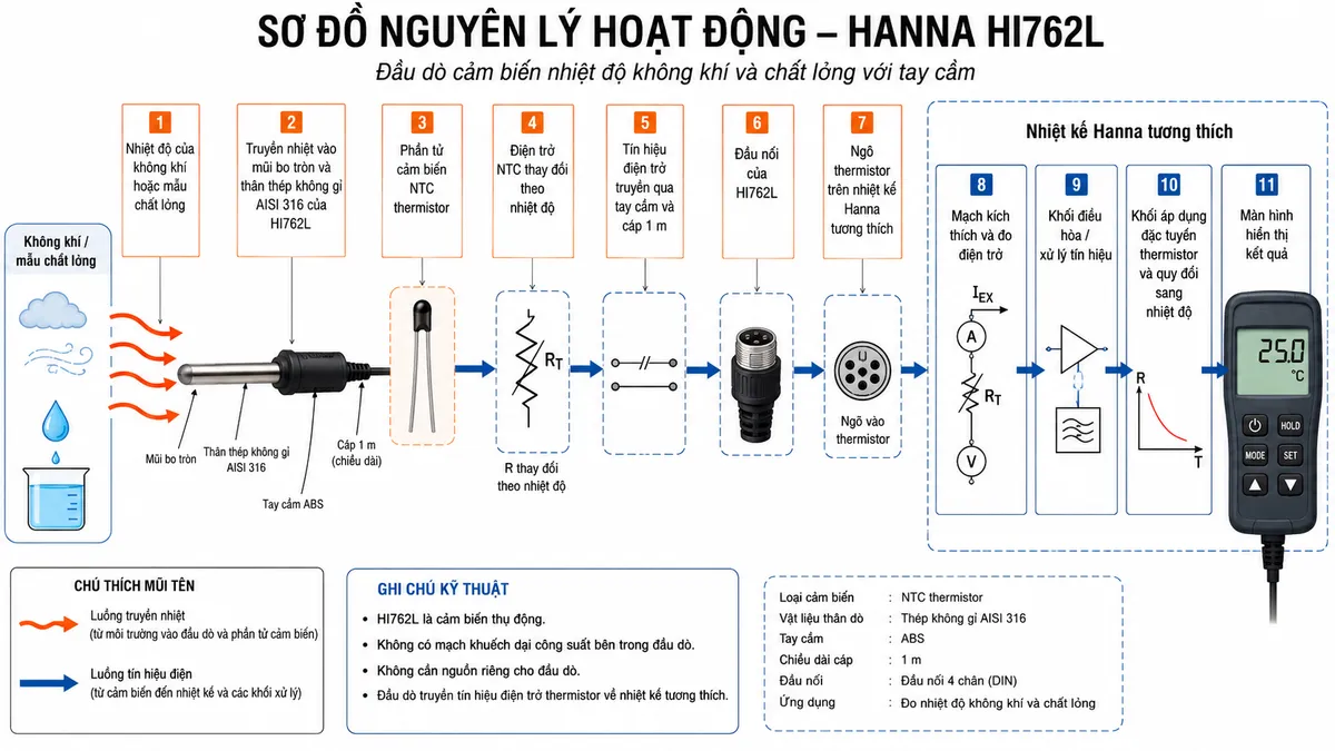 Sơ đồ nguyên lý hoạt động dạng block diagram kỹ thuật của Hanna HI762L trên nền trắng, bố cục ngang: nhiệt độ của không khí hoặc mẫu chất lỏng → truyền nhiệt vào mũi bo tròn và thân thép không gỉ AISI 316 của HI762L → phần tử cảm biến NTC thermistor → điện trở NTC thay đổi theo nhiệt độ → tín hiệu điện trở truyền qua tay cầm và cáp 1 m → đầu nối của HI762L → ngõ thermistor trên nhiệt kế Hanna tương thích → mạch kích thích và đo điện trở → khối điều hòa/xử lý tín hiệu → khối áp dụng đặc tuyến thermistor và quy đổi sang nhiệt độ → màn hình hiển thị kết quả. Dùng hai kiểu mũi tên khác nhau để phân biệt luồng truyền nhiệt từ môi trường vào cảm biến và luồng tín hiệu điện từ đầu dò tới nhiệt kế. Ghi chú HI762L là cảm biến thụ động, không có mạch khuếch đại công suất và không cần nguồn riêng.