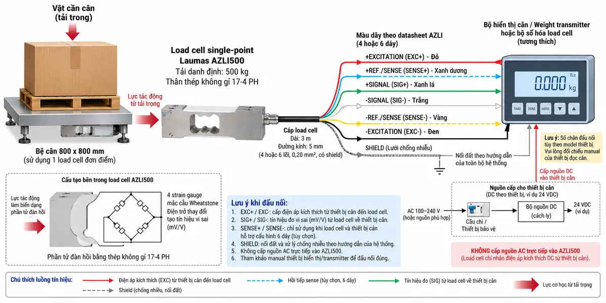 Vẽ sơ đồ đấu dây/kết nối kỹ thuật cho cảm biến load cell đơn điểm Laumas AZLI500 trên nền trắng, bố cục ngang. Bên trái thể hiện vật cần cân tác động xuống bệ cân 800 x 800 mm; lực truyền tới load cell single-point AZLI500 tải danh định 500 kg, thân thép không gỉ 17-4 PH ở giữa. Từ AZLI500 vẽ cáp dài 3 m, đường kính 5 mm, cấu hình 4 hoặc 6 lõi 0,20 mm² có shield sang bộ hiển thị cân, weight transmitter hoặc bộ số hóa load cell tương thích ở bên phải. Thể hiện theo datasheet dòng AZLI: +SIGNAL màu xanh lá, +EXCITATION màu đỏ, +REF./SENSE màu xanh dương khi có; -SIGNAL màu trắng, -EXCITATION màu đen, -REF./SENSE màu vàng khi có và SHIELD. Vẽ EXC+/EXC- từ thiết bị điện tử cân tới load cell để cấp điện áp kích thích; SIG+/SIG- từ load cell về thiết bị xử lý để truyền tín hiệu vi sai mV/V; SENSE+/SENSE- là đường hồi tiếp điện áp kích thích và chỉ sử dụng khi cảm biến cùng thiết bị đọc dùng cấu hình 6 dây hỗ trợ sense. Vẽ riêng nguồn cấp phù hợp cho bộ hiển thị/transmitter đi qua cầu chì hoặc thiết bị bảo vệ và điểm cách ly trước khi vào thiết bị. Ghi rõ không cấp nguồn AC trực tiếp vào AZLI500; số chân terminal phải đối chiếu manual của đúng thiết bị đọc cân; shield xử lý theo hướng dẫn chống nhiễu và nối đất của toàn bộ hệ thống. Dùng mũi tên và chú thích tiếng Việt để phân biệt luồng lực cơ học, điện áp kích thích, tín hiệu đo, hồi tiếp sense và shield.