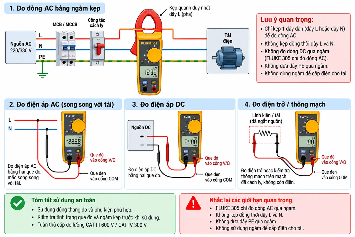 Sơ đồ đấu dây và kết nối Ampe kìm FLUKE 305 trên nền trắng, bố cục ngang, chú thích tiếng Việt. Thể hiện nguồn AC gồm L-N-PE đi qua MCB hoặc MCCB và công tắc cách ly đến tải; ngàm kẹp FLUKE 305 kẹp quanh duy nhất dây L để đo dòng AC, không kẹp đồng thời L và N. Vẽ riêng nhánh đo điện áp với que đỏ nối cổng V/Ω tới L hoặc điểm cần đo và que đen nối cổng COM tới N hoặc điểm tham chiếu; thể hiện phép đo điện áp AC song song với tải. Thêm nhánh minh họa đo điện áp DC từ nguồn DC với que đỏ vào cực dương và que đen COM vào cực âm. Thêm nhánh đo điện trở/thông mạch trên tải hoặc linh kiện đã được cách ly và mất điện. Ghi rõ FLUKE 305 không đo dòng DC qua ngàm, không đưa PE đi qua thiết bị đo và không dùng ngàm để cấp điện cho tải.