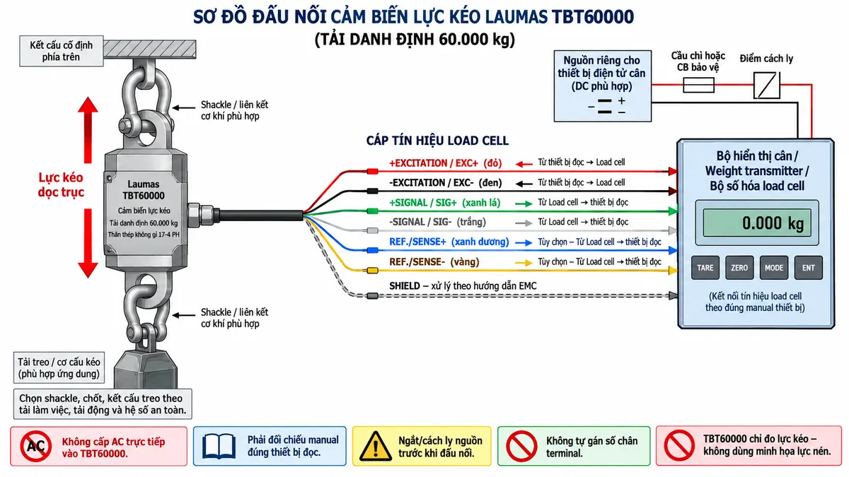 Vẽ sơ đồ nguyên lý hoạt động dạng khối cho Laumas TBT60000 trên nền trắng, bố cục ngang. Luồng chính từ trái sang phải gồm “Lực kéo dọc trục” → “Shackle / liên kết cơ khí” → “Thân cảm biến TBT60000 – thép không gỉ 17-4 PH” → “Biến dạng đàn hồi của phần tử đo” → “Strain gauge thay đổi điện trở” → “Cầu Wheatstone”. Tuyệt đối không minh họa lực nén. Từ bộ điện tử cân phía trên vẽ EXC+/EXC- cấp điện áp kích thích vào cầu Wheatstone; nếu đúng cấu hình cảm biến và thiết bị đọc hỗ trợ thì thể hiện REF./SENSE+ và REF./SENSE- là hai đường hồi tiếp điện áp; từ cầu Wheatstone vẽ SIG+/SIG- là tín hiệu vi sai tỷ lệ với lực kéo đi tới “Khuếch đại tín hiệu” → “Chuyển đổi A/D” → “Hiệu chuẩn – lọc – zero/tare – tính toán tải hoặc khối lượng”. Cuối sơ đồ chia ba nhánh tới “Hiển thị”, “PLC/HMI/SCADA” và “Hệ thống điều khiển”. Dùng màu và mũi tên riêng để phân biệt luồng lực cơ học, excitation, sense, tín hiệu đo analog và dữ liệu số.