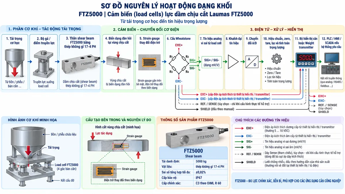 Vẽ sơ đồ nguyên lý hoạt động dạng khối cho Laumas FTZ5000 trên nền trắng, bố cục ngang. Luồng chính gồm: Tải trọng cơ học → Bộ gá hoặc điểm truyền lực → Thân shear beam FTZ5000 bằng thép không gỉ 17-4 PH → Biến dạng đàn hồi tại vùng chịu cắt → Strain gauge thay đổi điện trở → Cầu Wheatstone → Tín hiệu analog vi sai từ load cell → Khuếch đại tín hiệu → Chuyển đổi A/D → Hiệu chuẩn, zero, tare, lọc và tính toán trọng lượng → Bộ hiển thị cân hoặc Weight transmitter → PLC/HMI/SCADA nếu hệ thống yêu cầu. Vẽ EXC+/EXC- từ thiết bị điện tử cân cấp điện áp kích thích tới cầu Wheatstone và SIG+/SIG- truyền tín hiệu trở về; REF./SENSE chỉ thể hiện khi cấu hình thực tế hỗ trợ; SHIELD đi cùng cáp tín hiệu và đấu theo manual. Thêm khối nhận diện gồm FTZ5000, shear beam, tải danh định 5000 kg, thép không gỉ 17-4 PH, sai số tổng hợp tối đa ±0,02%, cấp bảo vệ IP67 và cấp chính xác C3 theo OIML R 60.