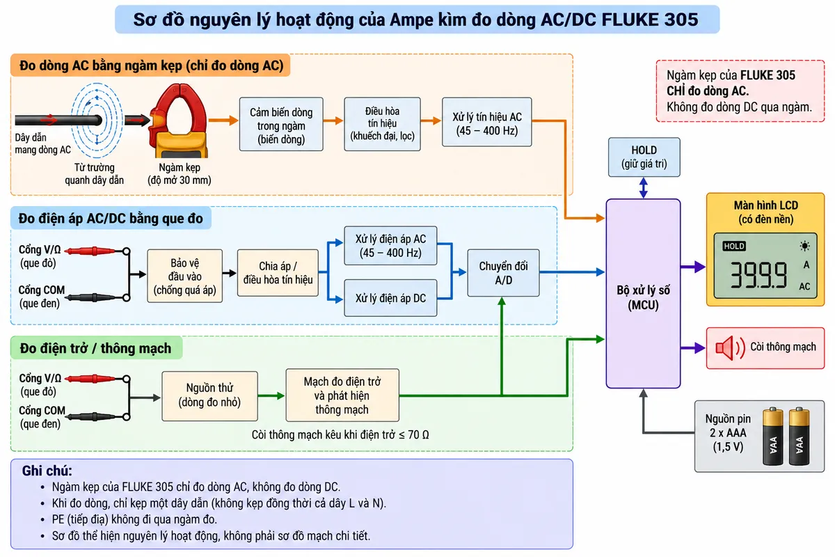 Sơ đồ nguyên lý hoạt động dạng khối của Ampe kìm FLUKE 305 trên nền trắng, bố cục ngang, chú thích tiếng Việt. Nhánh đo dòng AC: dây dẫn mang dòng AC → từ trường quanh dây → ngàm kẹp độ mở 30 mm → cảm biến dòng trong ngàm → điều hòa tín hiệu → xử lý tín hiệu AC trong dải 45–400 Hz → chuyển đổi A/D và xử lý số → màn hình có đèn nền; từ bộ xử lý thêm khối HOLD giữ giá trị. Nhánh đo điện áp: cổng V/Ω và COM → bảo vệ đầu vào → chia áp/điều hòa tín hiệu → tách thành xử lý điện áp AC và điện áp DC → chuyển đổi A/D → bộ xử lý số → màn hình. Nhánh điện trở/thông mạch: V/Ω-COM → nguồn thử và mạch đo điện trở nội bộ → bộ xử lý → màn hình và còi thông mạch khi điện trở ≤70 Ω. Vẽ 2 pin AAA cấp nguồn cho mạch điện tử và màn hình. Ghi chú rõ ngàm chỉ đo dòng AC, không đo dòng DC.
