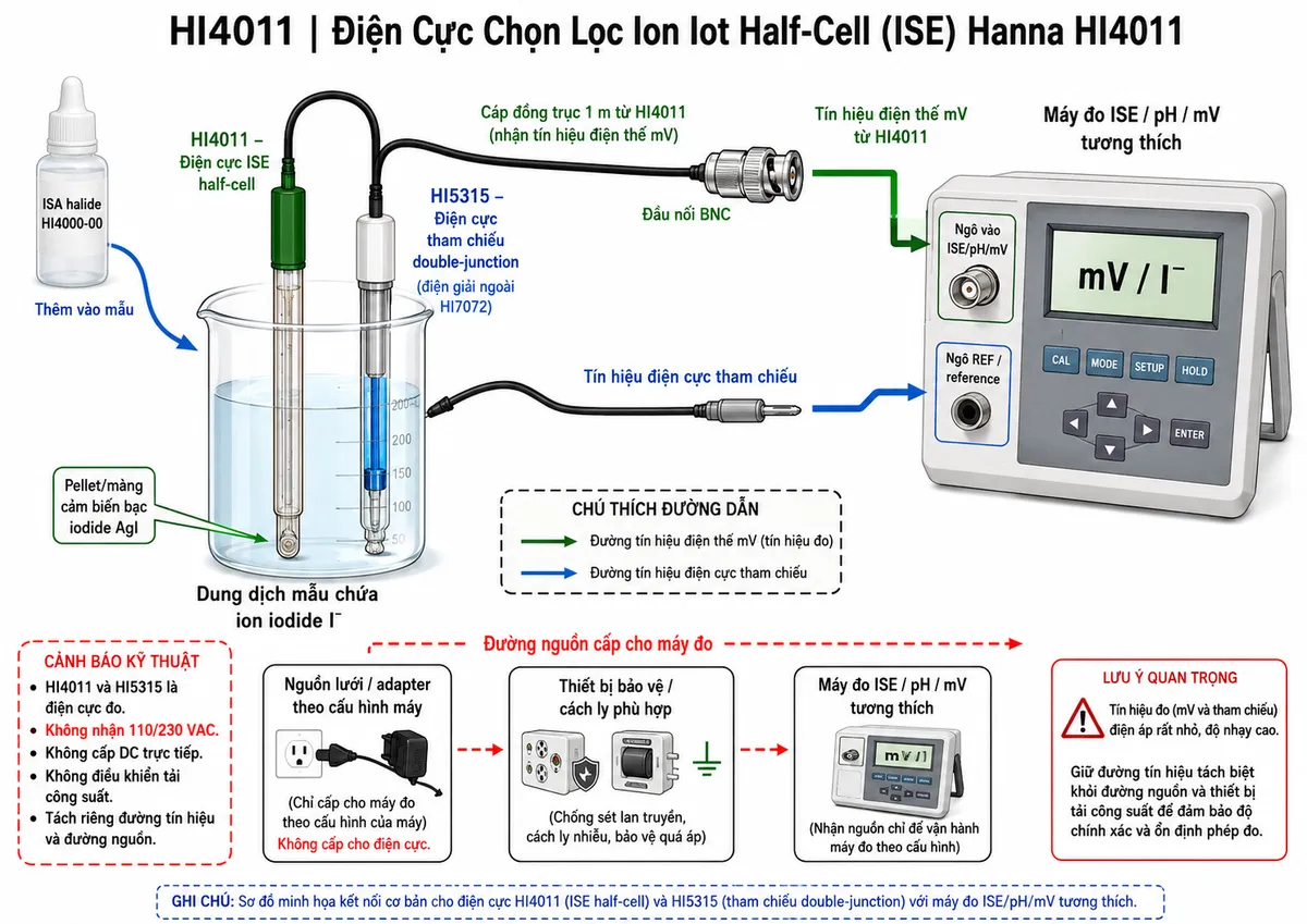 Vẽ sơ đồ đấu dây/kết nối kỹ thuật Hanna HI4011 trên nền trắng, bố cục ngang. Bên trái là cốc dung dịch mẫu chứa ion iodide I⁻, trong cốc đặt đồng thời điện cực ISE half-cell HI4011 với pellet/màng cảm biến bạc iodide AgI ở đầu đo và điện cực tham chiếu double-junction HI5315 sử dụng điện giải ngoài HI7072. Thể hiện nhánh dung dịch ISA halide HI4000-00 được thêm vào mẫu. Từ HI4011 vẽ cáp đồng trục 1 m và đầu nối BNC đi tới ngõ vào ISE/pH/mV tương thích của máy đo; từ HI5315 vẽ đường điện cực tham chiếu với đầu nối phù hợp đi tới ngõ REF/reference của máy. Tách riêng khối nguồn của máy đo: nguồn chỉ cấp cho máy đo theo cấu hình của máy và thiết bị bảo vệ/cách ly phù hợp nếu nguồn lưới được sử dụng. Ghi rõ HI4011 và HI5315 là điện cực đo, không nhận 110/230 VAC, không cấp DC trực tiếp và không điều khiển tải công suất. Dùng mũi tên phân biệt đường tín hiệu điện thế mV và đường nguồn của máy.