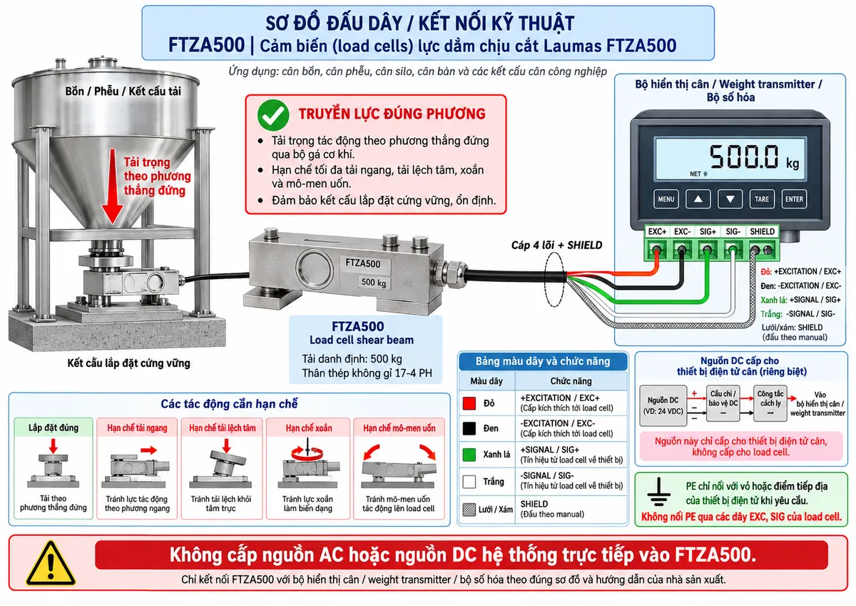 Sơ đồ đấu dây/kết nối kỹ thuật Laumas FTZA500 trên nền trắng, bố cục ngang. Bên trái thể hiện bồn, phễu, bàn cân hoặc kết cấu tải truyền lực thẳng đứng qua bộ gá cơ khí phù hợp tới load cell shear beam FTZA500 ở giữa, thân thép không gỉ 17-4 PH. Thể hiện đế lắp cứng vững và bộ gá giúp truyền lực đúng phương; ghi chú hạn chế tải ngang, lệch tâm, xoắn và mô-men uốn. Từ FTZA500 vẽ cáp 4 lõi cùng SHIELD sang bộ hiển thị cân, Weight transmitter hoặc bộ số hóa ở bên phải. Thể hiện +EXCITATION/EXC+ màu đỏ và -EXCITATION/EXC- màu đen từ thiết bị điện tử cân cấp kích thích tới cảm biến; +SIGNAL/SIG+ màu xanh lá và -SIGNAL/SIG- màu trắng truyền tín hiệu vi sai từ load cell về thiết bị; SHIELD chống nhiễu đấu theo manual. Không vẽ REF./SENSE vì cấu hình tiêu chuẩn sử dụng 4 lõi. Phía dưới vẽ nguồn DC phù hợp cấp riêng cho thiết bị điện tử cân qua cầu chì hoặc thiết bị bảo vệ DC và công tắc cách ly; PE chỉ nối với vỏ hoặc điểm tiếp địa của thiết bị điện tử khi yêu cầu. Ghi chú rõ không cấp nguồn AC hoặc nguồn DC hệ thống trực tiếp vào FTZA500.