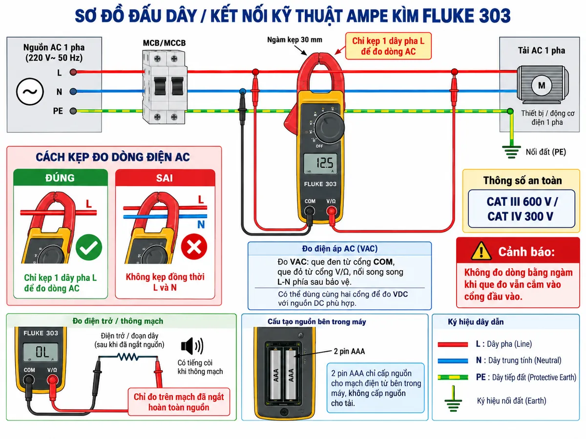 Vẽ sơ đồ đấu dây/kết nối kỹ thuật của ampe kìm FLUKE 303 trên nền trắng, bố cục ngang, chú thích tiếng Việt. Thể hiện nguồn AC một pha gồm L, N, PE đi qua MCB hoặc MCCB bảo vệ tới tải; ngàm kẹp 30 mm của FLUKE 303 chỉ kẹp quanh một dây pha L để đo dòng AC, không kẹp đồng thời L và N. Vẽ riêng nhánh đo điện áp với que đen từ cổng COM và que đỏ từ cổng V/Ω của FLUKE 303 nối song song L-N phía sau thiết bị bảo vệ để đo VAC; ghi chú có thể dùng cùng hai cổng để đo VDC với nguồn DC phù hợp. Vẽ nhánh đo điện trở/thông mạch với COM và V/Ω nối vào tải hoặc đoạn dây đã ngắt hoàn toàn nguồn. Thể hiện 2 pin AAA chỉ cấp nguồn cho mạch điện tử bên trong máy, không cấp nguồn cho tải. Ghi rõ CAT III 600 V / CAT IV 300 V và cảnh báo không đo dòng bằng ngàm khi que đo vẫn cắm vào cổng đầu vào.